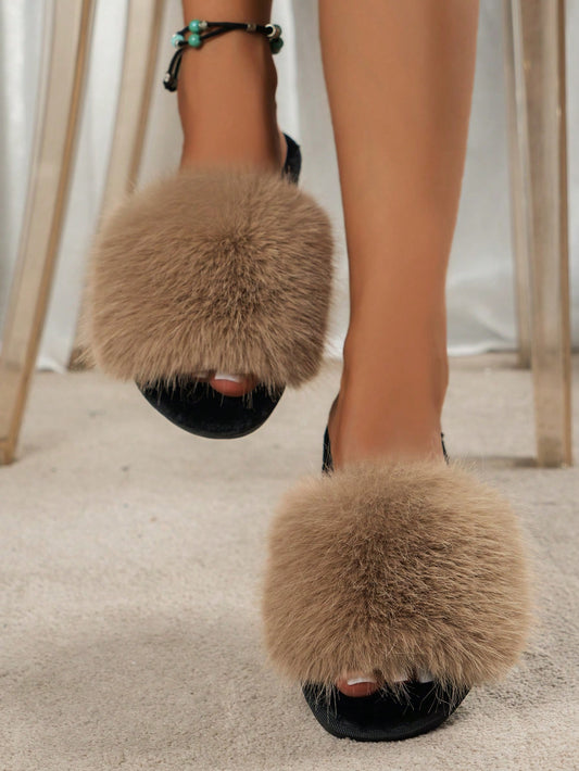 Women's Autumn/winter Home Plush Flat Slippers With One-strap