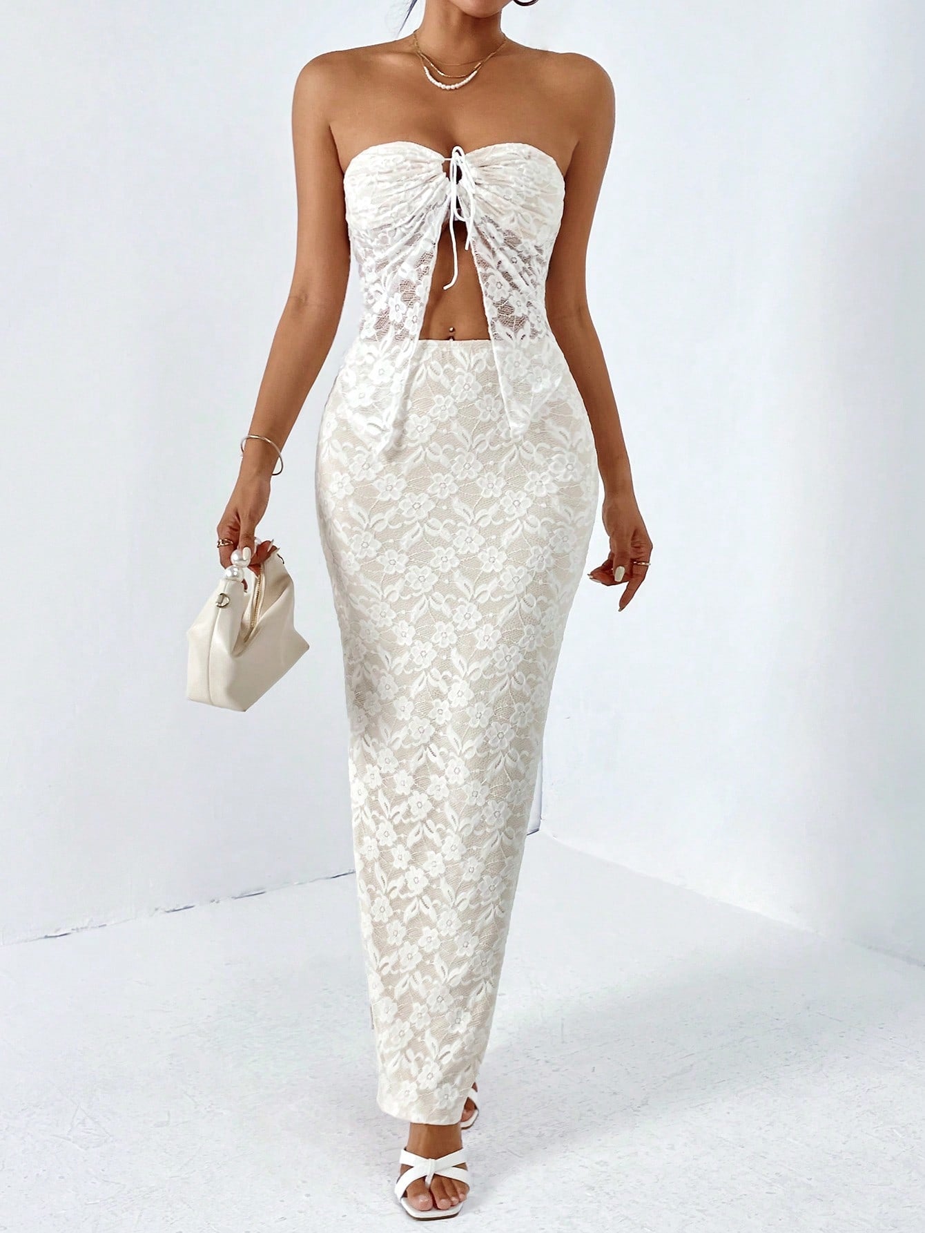 Women Summer Two Pieces Halter V-Neck Lace Bodycon Top And Lace Slit Skirt