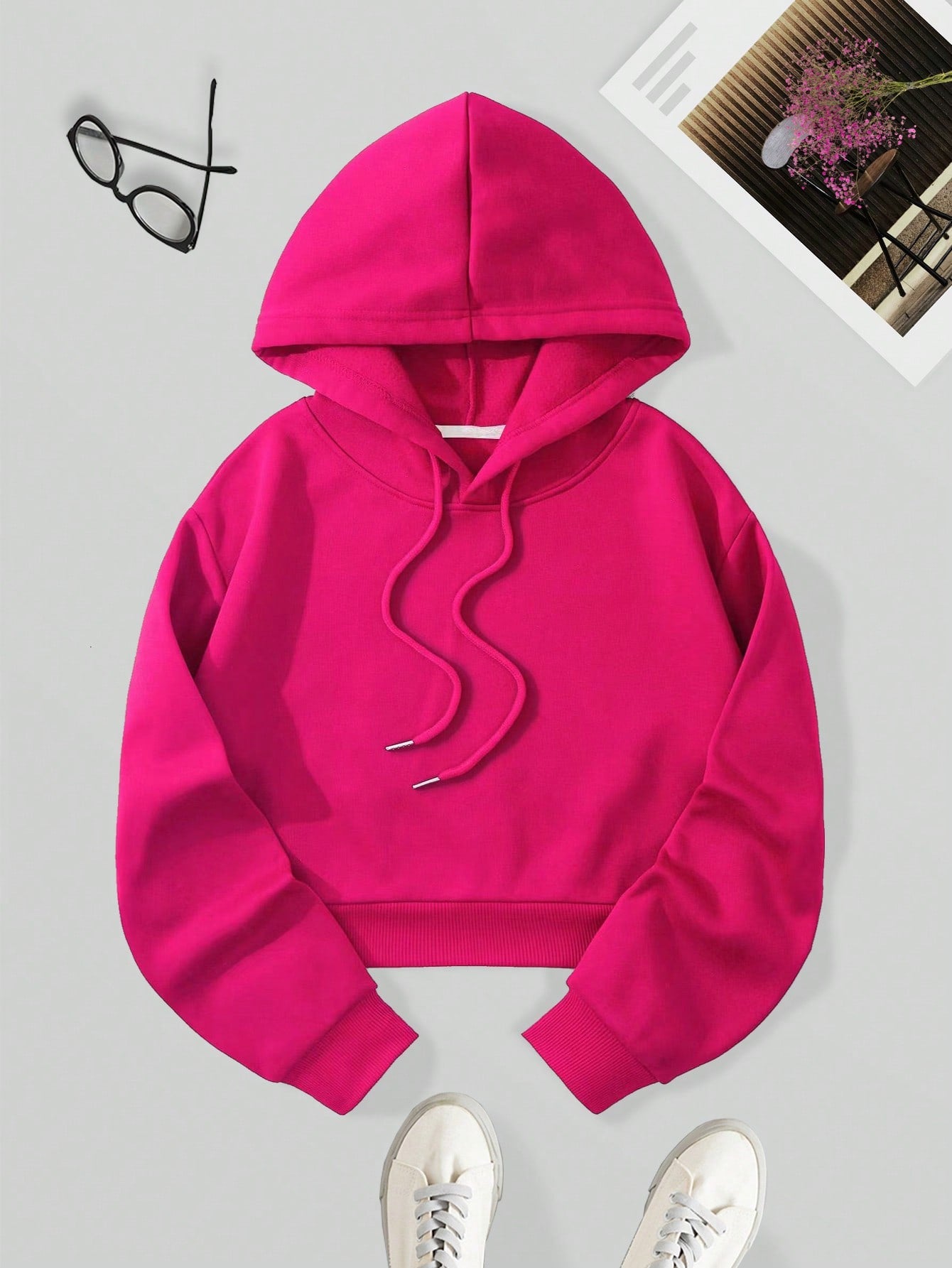 Solid Drawstring Crop Thermal Lined Hoodie