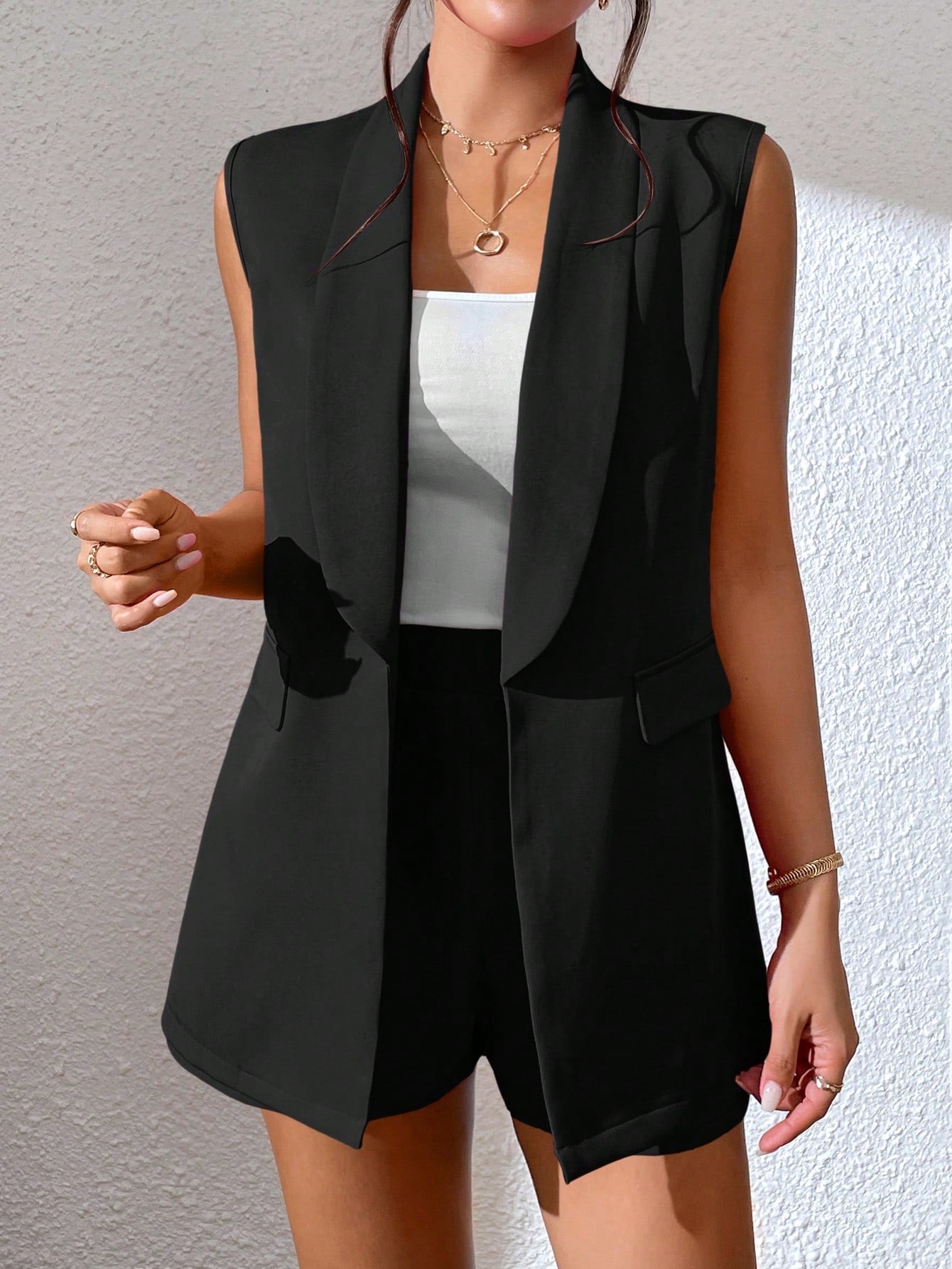 Solid Shawl Collar Vest Blazer & Shorts