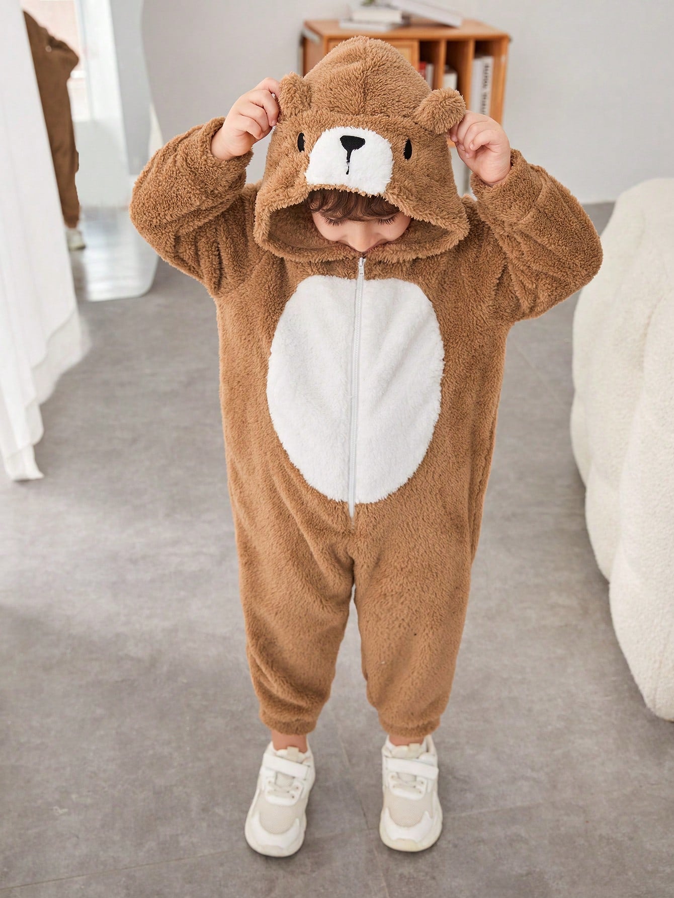 Cute Loose Comfortable Embroidered 3D Animal Design Fleece Jumpsuit For Young Boys