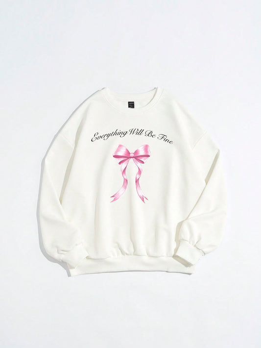 Casual And Simple Women's Casual White Thick Sweatshirt With Bowknot, Slogan And Printed Patterns, Suitable For Autumn And Winter Everything Will Be Fine