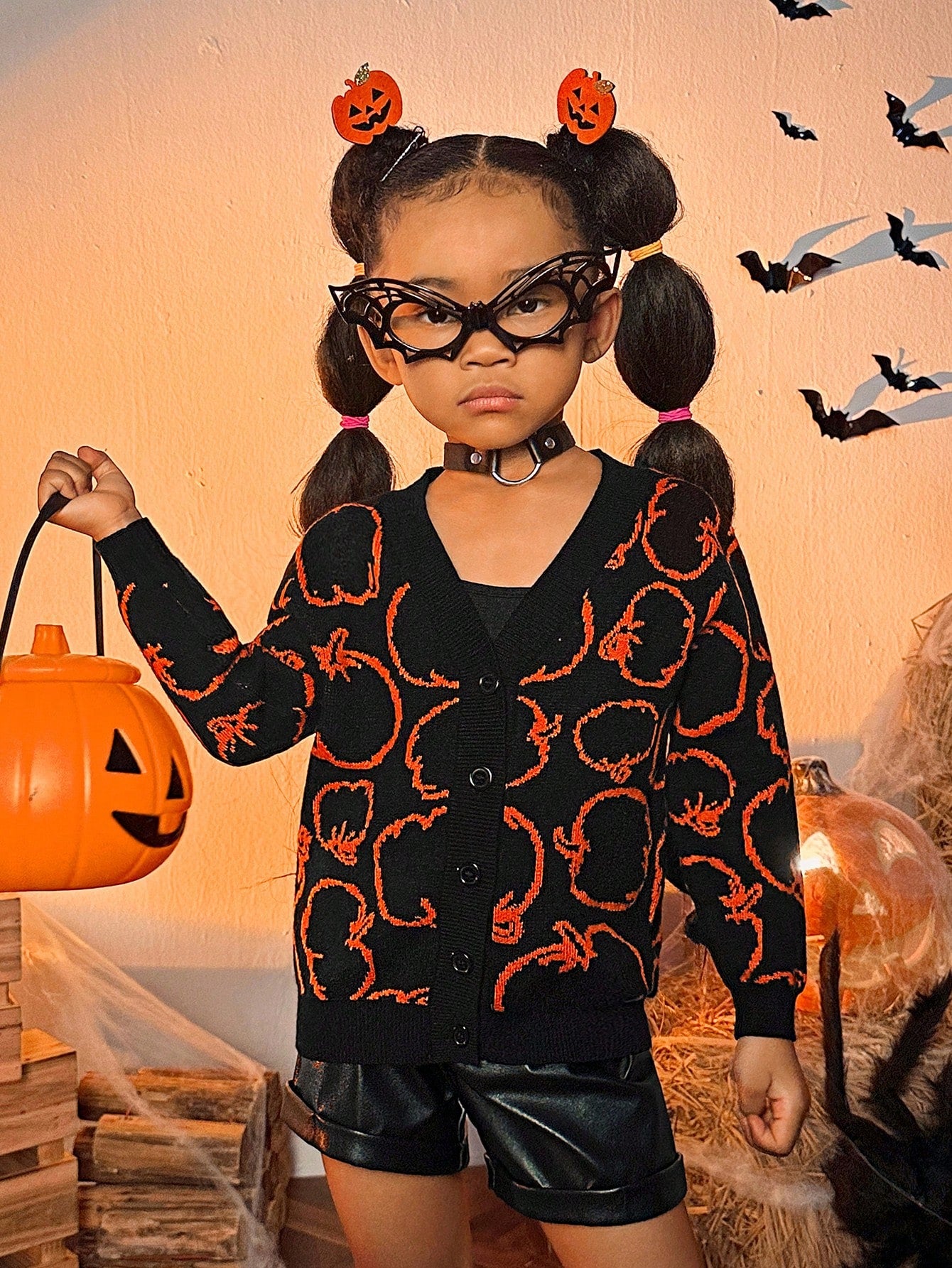 Young Girl Halloween Pumpkin Pattern Drop Shoulder Cardigan