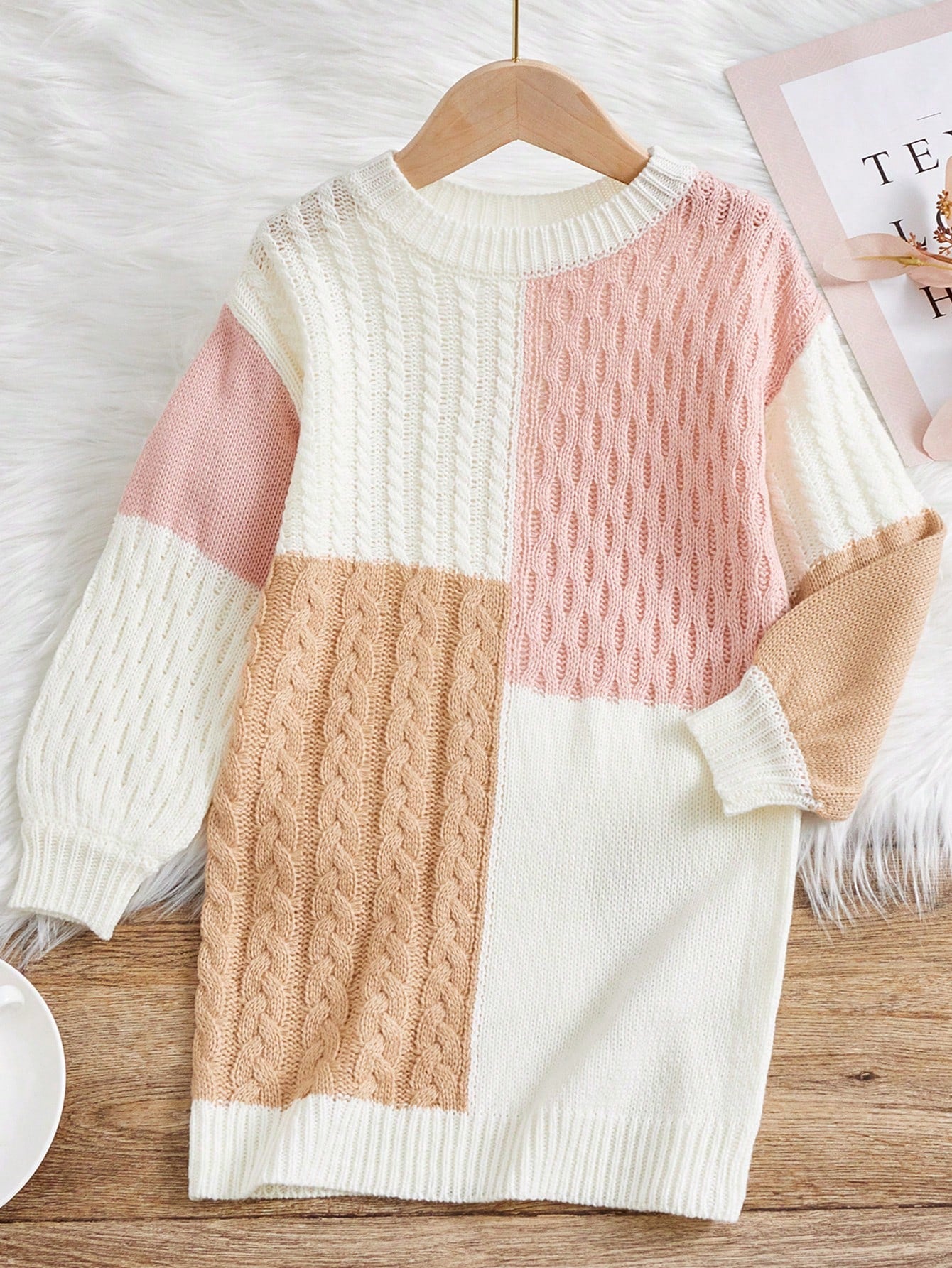 Tween Girls' Colorblock Loose Fit Long Sleeve Sweater Dress With Round Neck