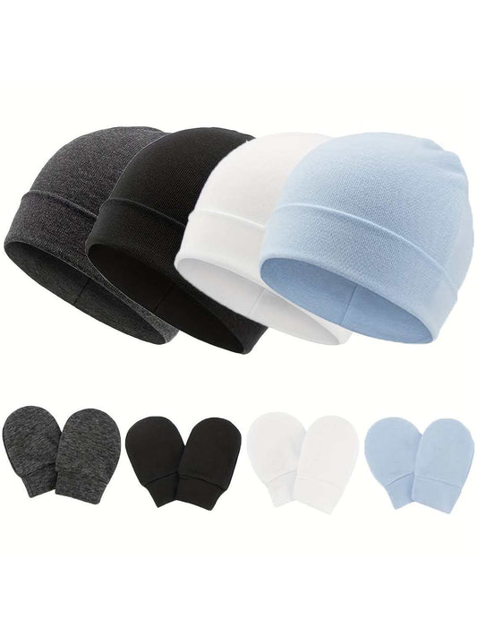 4sets Baby Hats And Mittens Infant Beanie Gloves NoScratch Set Newborn Hospital Hat For Boys Girls