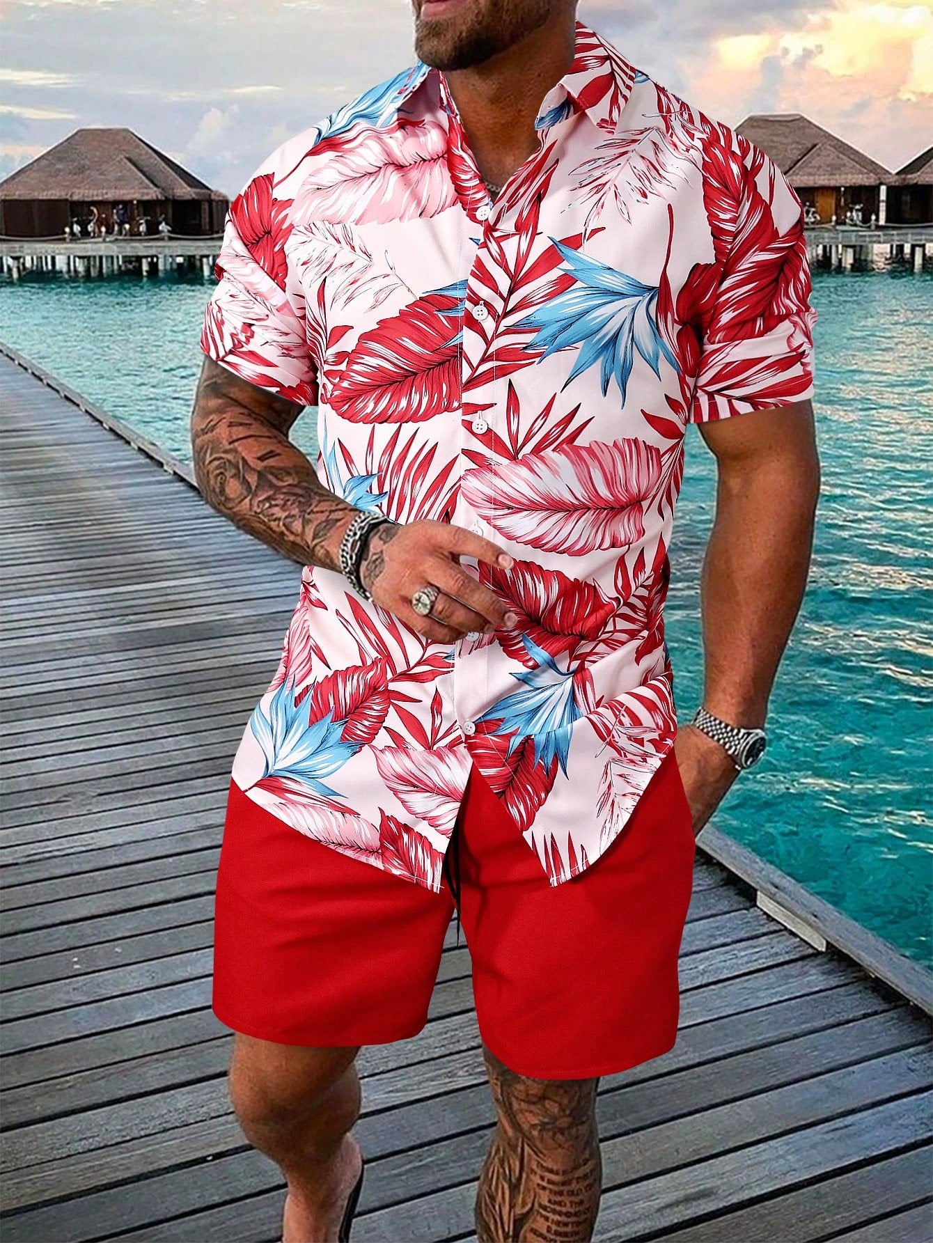 Men Tropical Print Shirt & Shorts