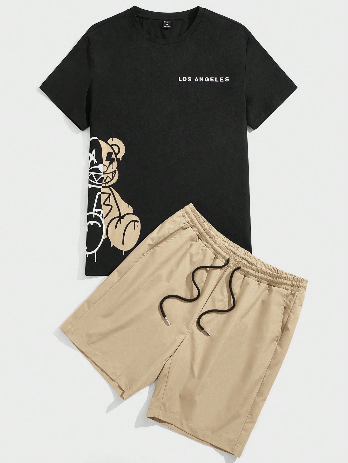 Men Bear & Letter Graphic Tee & Drawstring Waist Shorts