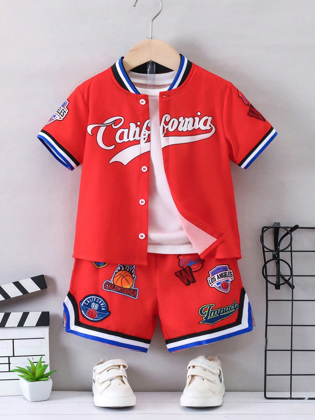 Young Boy Letter Graphic Striped Trim Baseball Collar Shirt & Shorts Without Tee