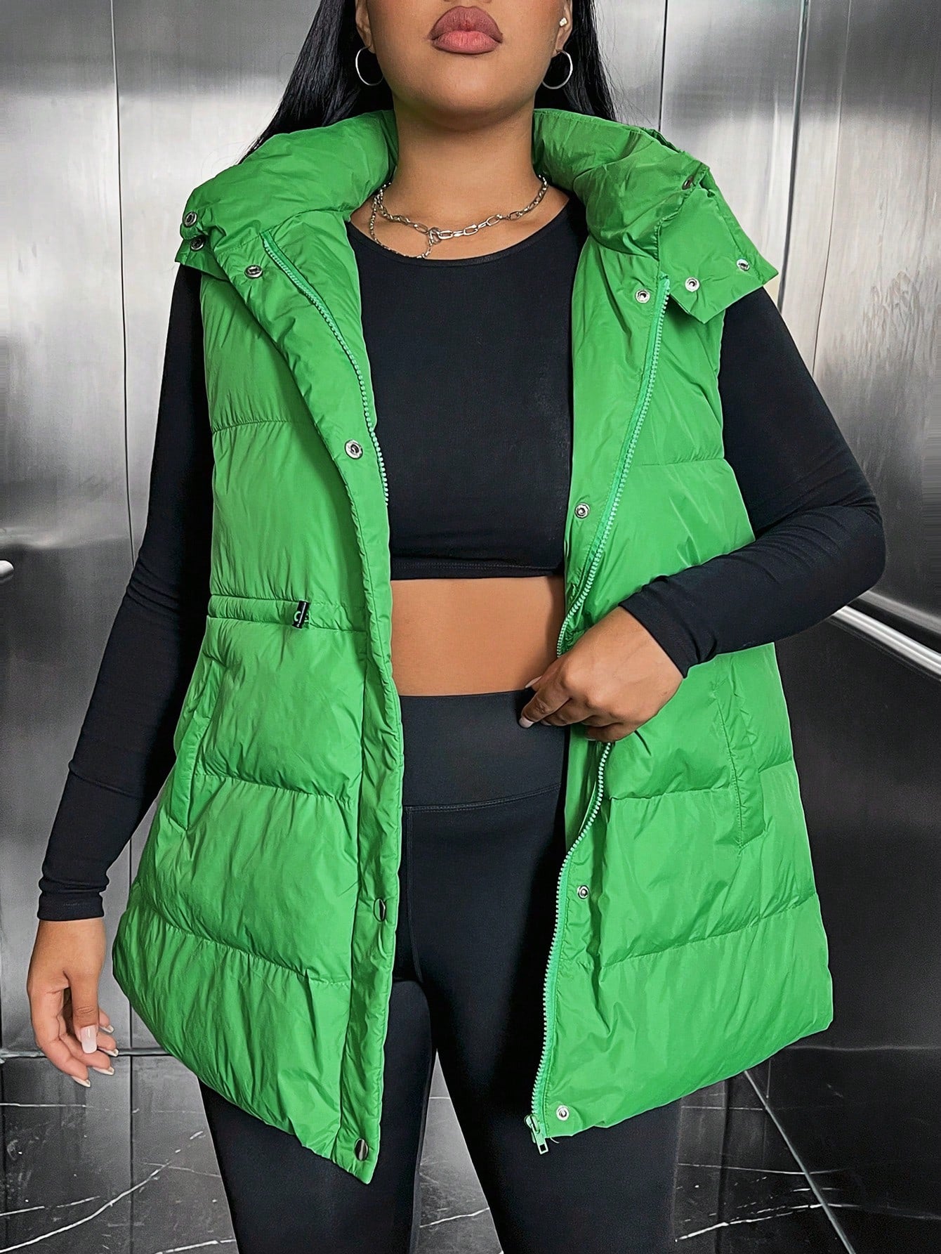 Plus Zip Up Snap Button Hooded Puffer Vest Coat