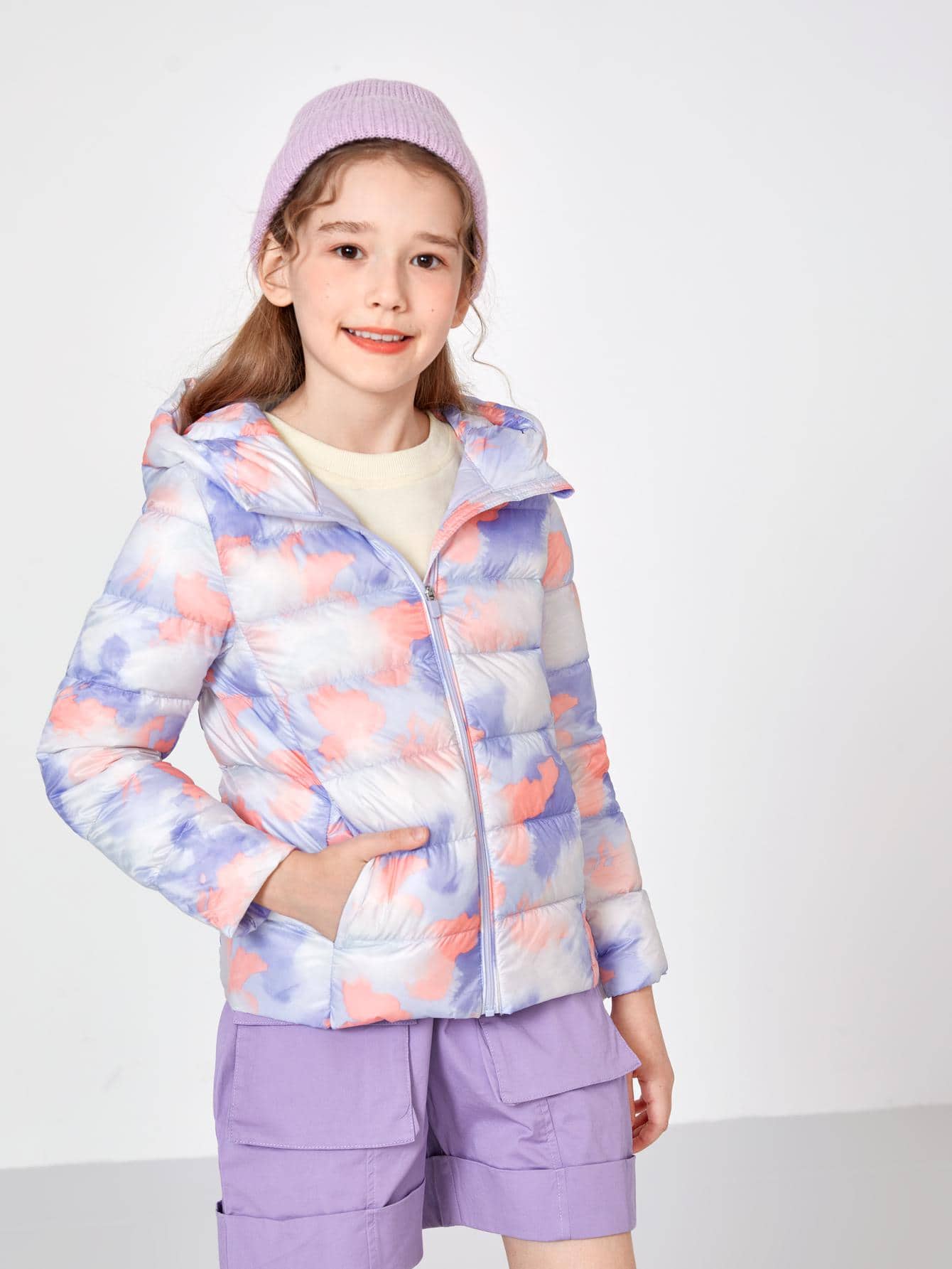 Tween Girl Winter Contrasting Color Zipper Lightweight Warm Windproof Hooded Down Jacket