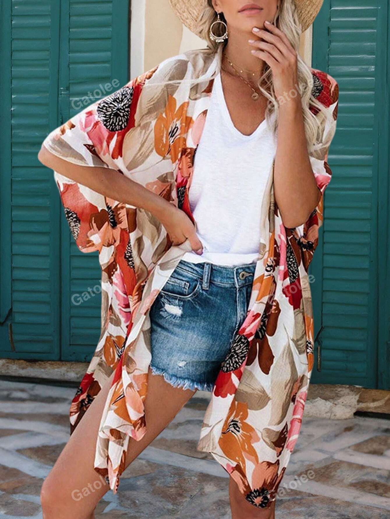 Floral Print Batwing Sleeve Kimono