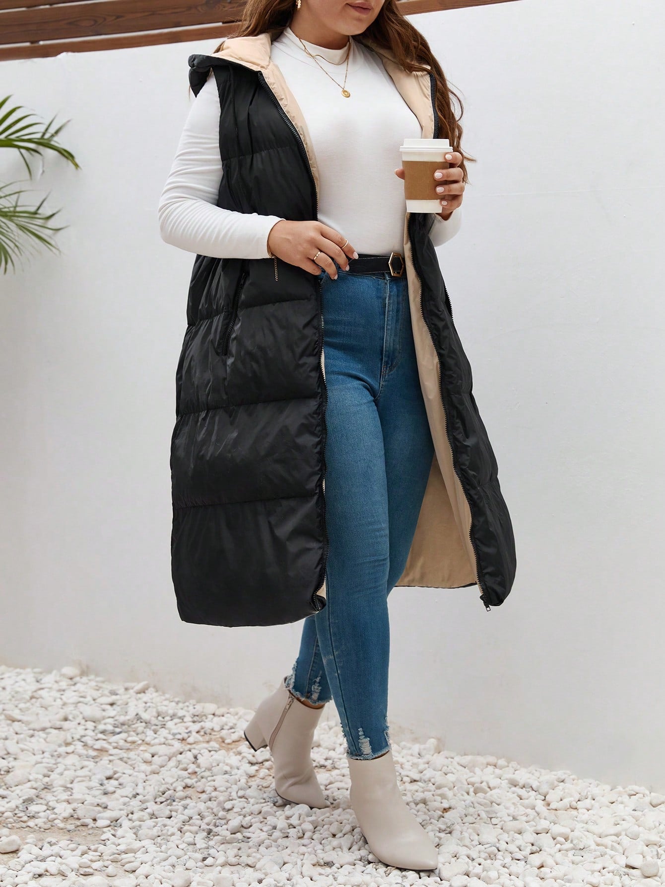 Frenchy Plus Zip Up Hooded Puffer Vest Coat