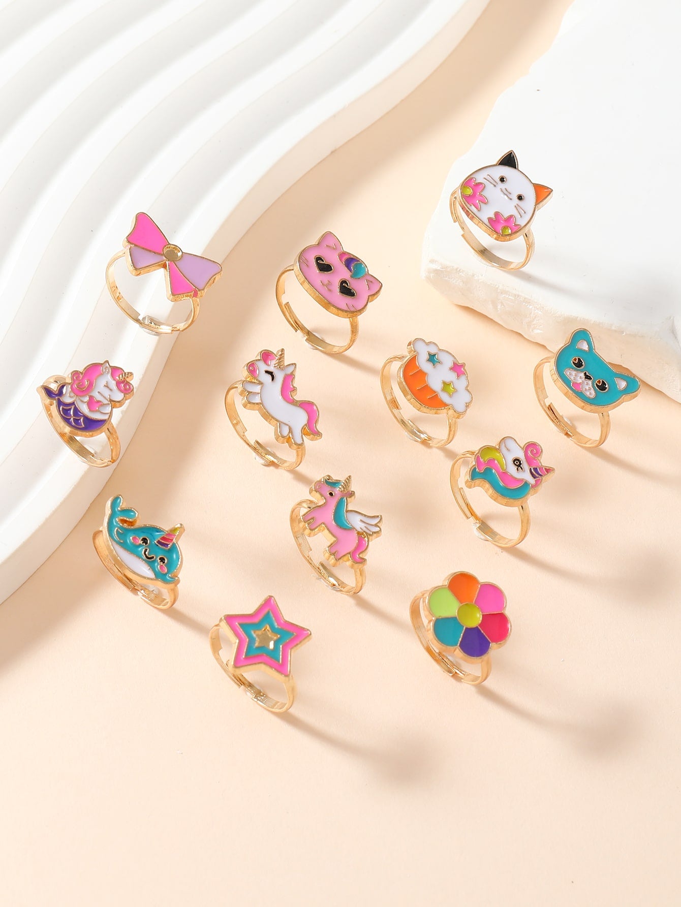 1set/12pcs Adjustable Alloy Rings For Girls, Featuring Cute Animal, Rainbow, Crown, And Droplet Designs