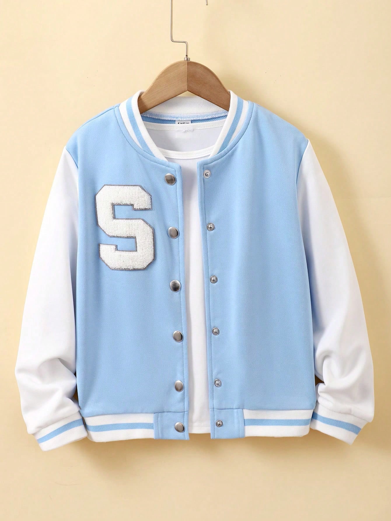 Tween Girls' Solid Color Patchwork Front Button Long Sleeve Letter Varsity Jacket, Casual Daily Wear