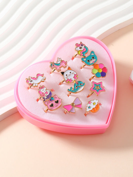 12pcs/set Girls' Adjustable Animal, Rainbow, Crown Decor Zinc Alloy Oil Drop Ring