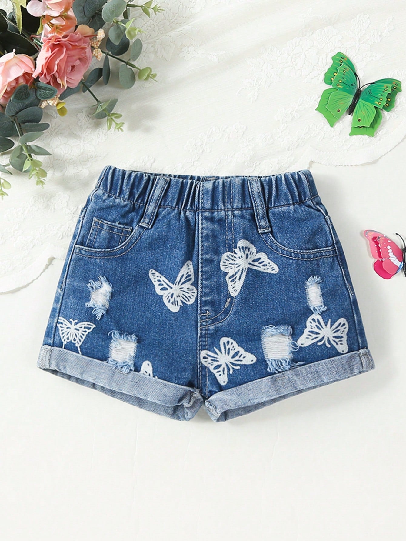 Young Girl Daily Boho Casual Butterflies Print Ripped Roll Up Hem Elastic Waist Denim Shorts