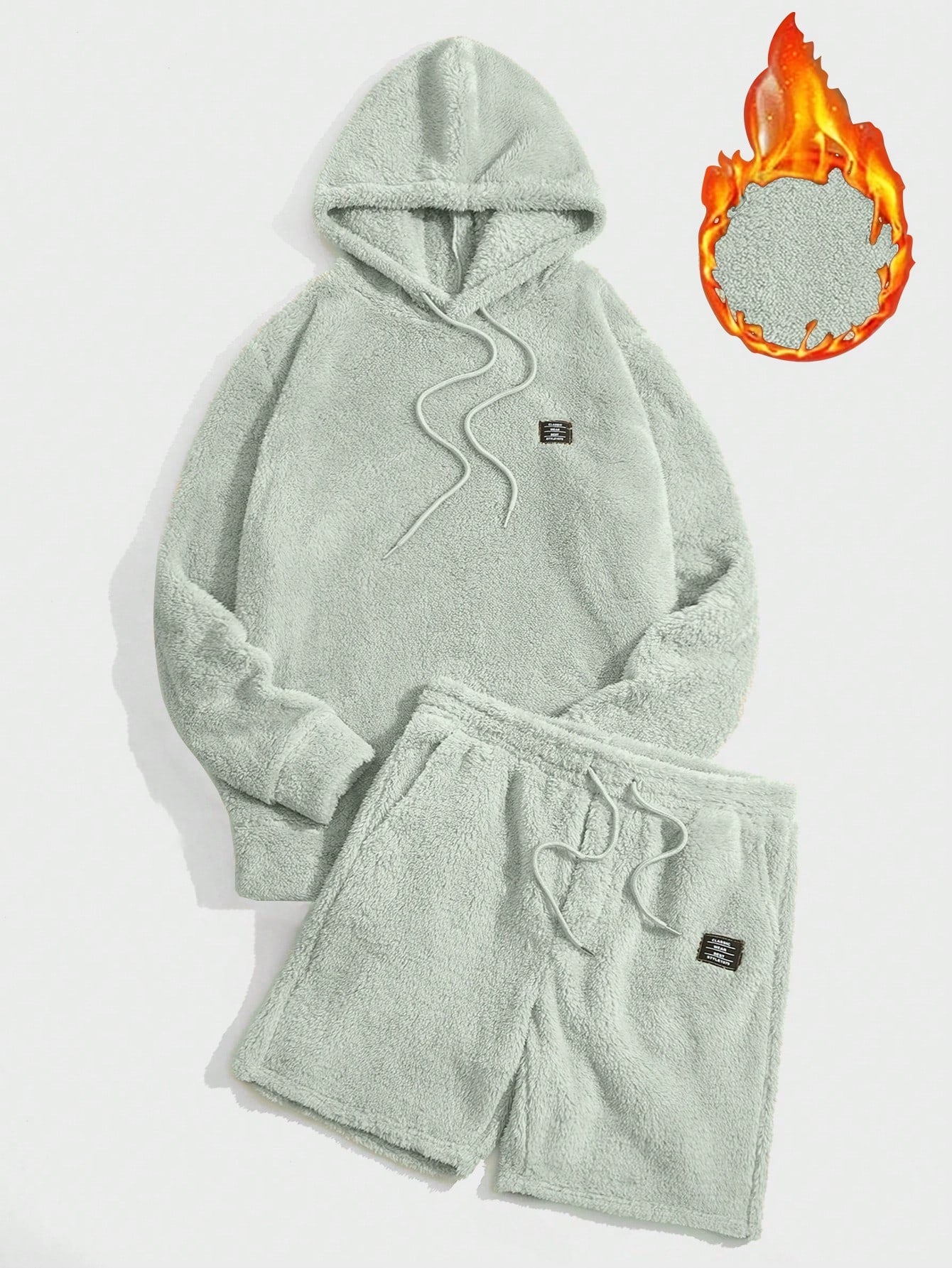 Men Letter Patched Drawstring Teddy Hoodie & Shorts