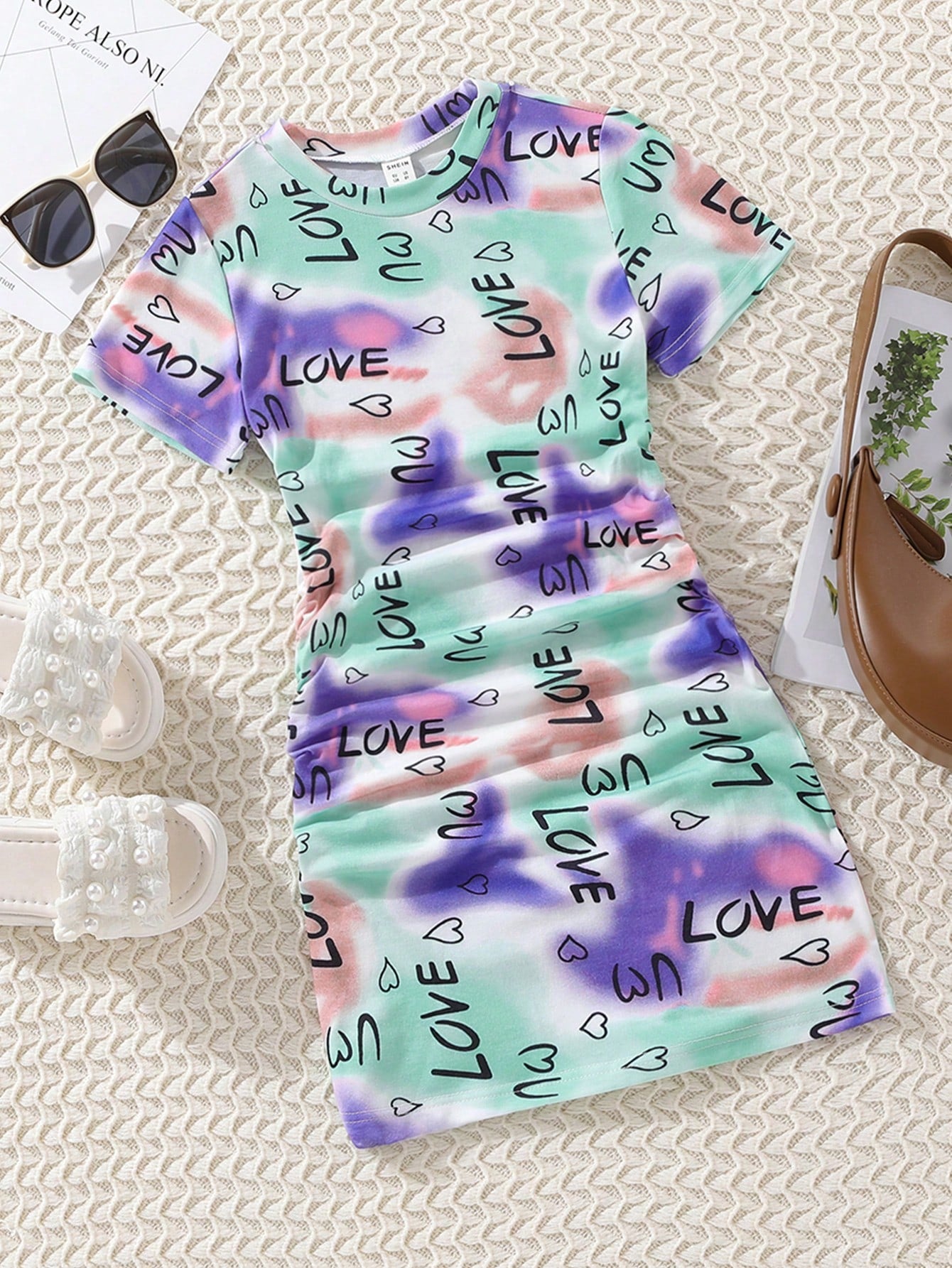 Tween Girl Tie Dye Letter Graphic Ruched Side Dress