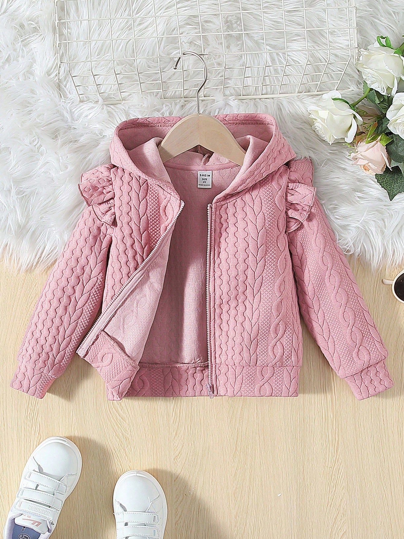 Young Girl Ruffle Trim Zip Up Hooded Jacket