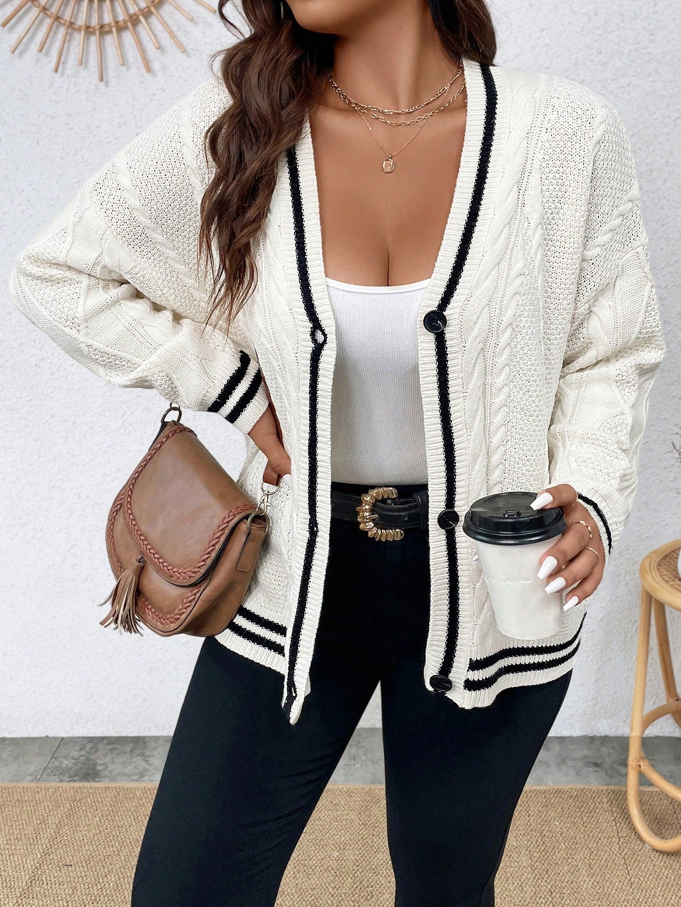 Plus Size Women's Cable Design Knit Cardigan With Contrast Trim