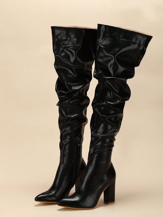 Pointed Toe Side Zipper Chunky High Heel Ruched Boots