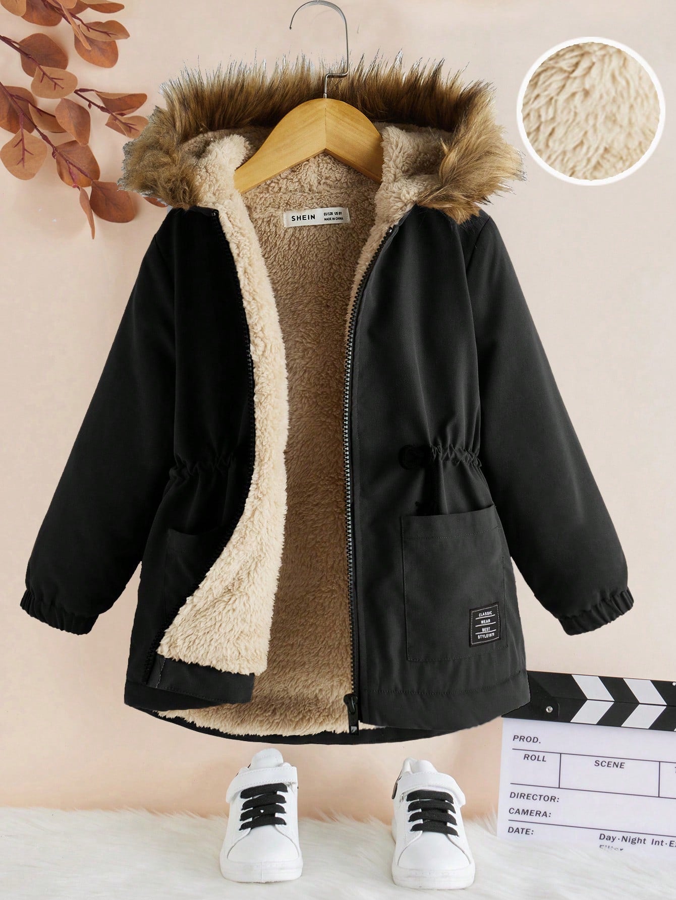 Young Boy Patched Detail Drawstring Waist Fuzzy Trim Hooded Thermal Lined Parka Coat