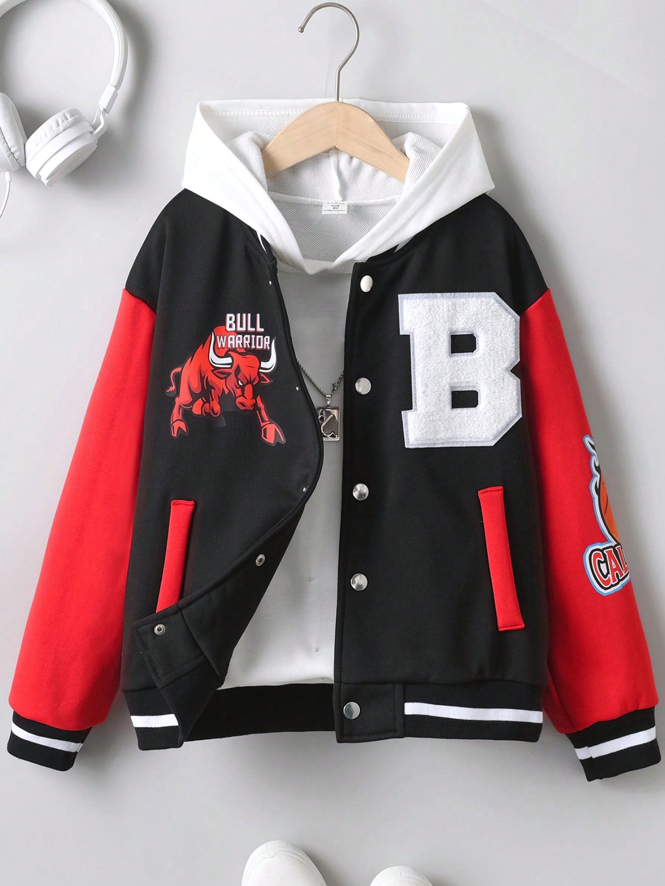 Tween Boy Letter Graphic Colorblock Drop Shoulder Varsity Jacket Without Hoodie