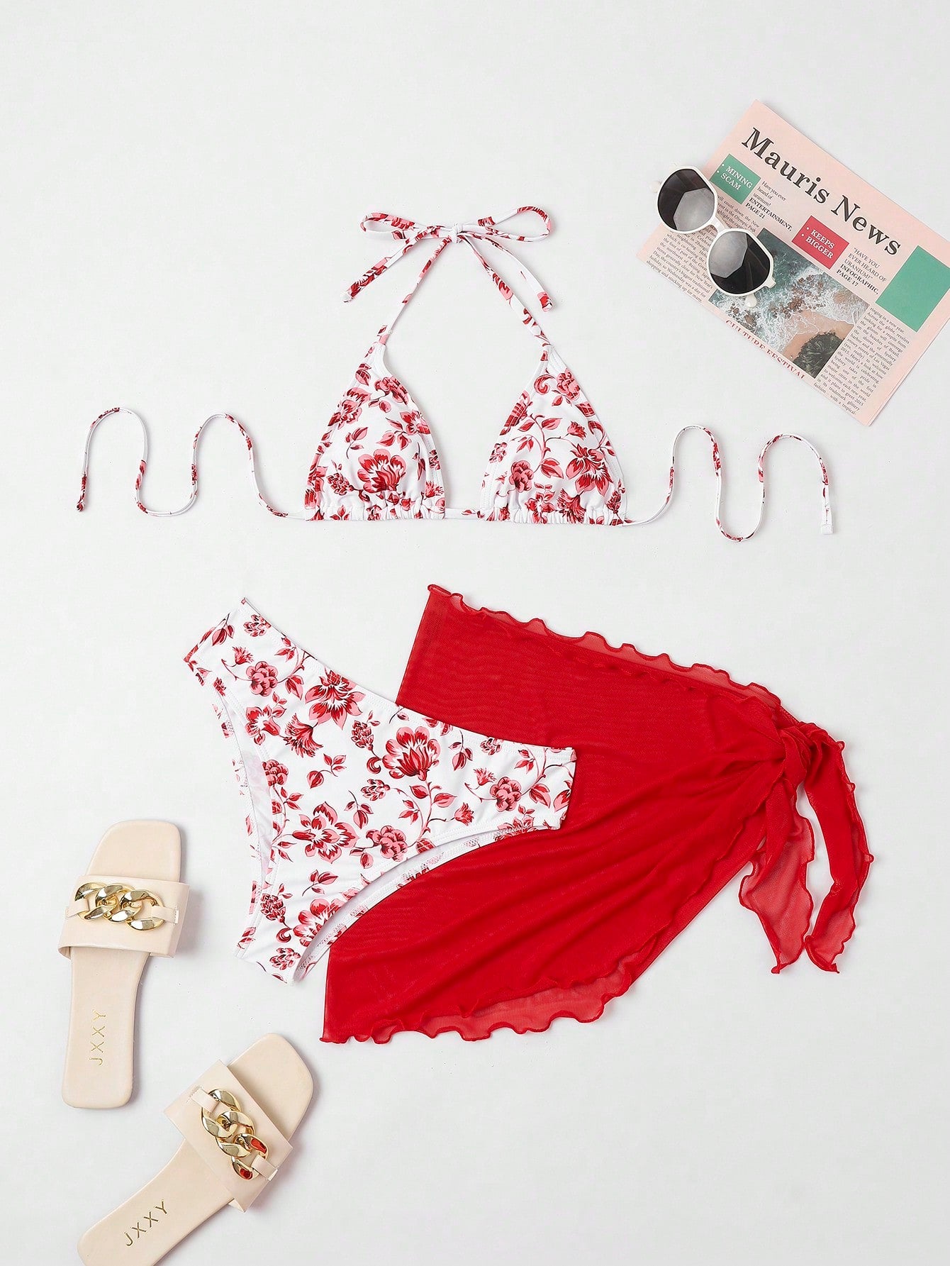 Swim Mod Summer Beach Floral Print Triangle Bikini Set With Beach Skirt