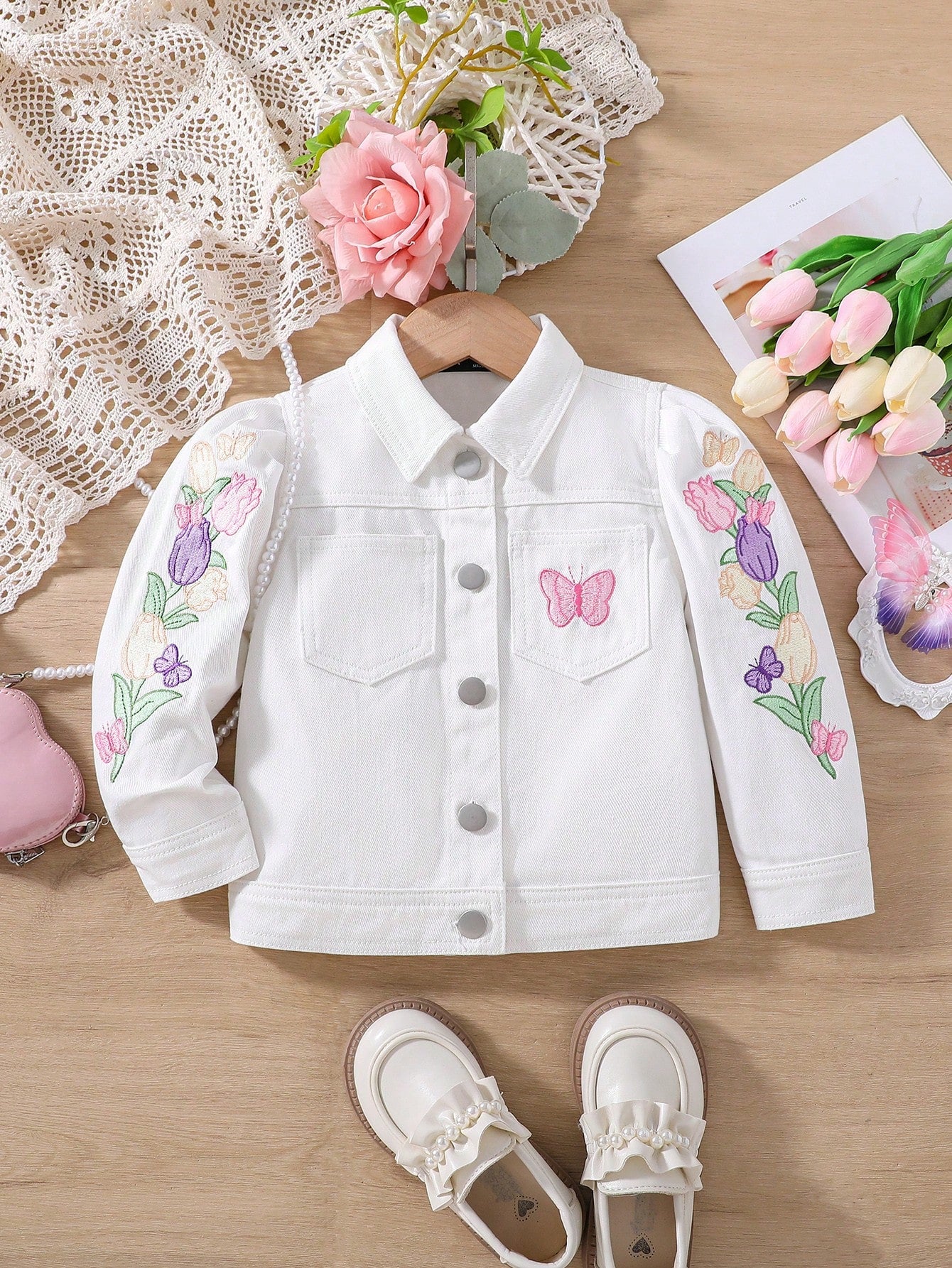 Young Girl Butterfly Print Dual Pocket Denim Jacket