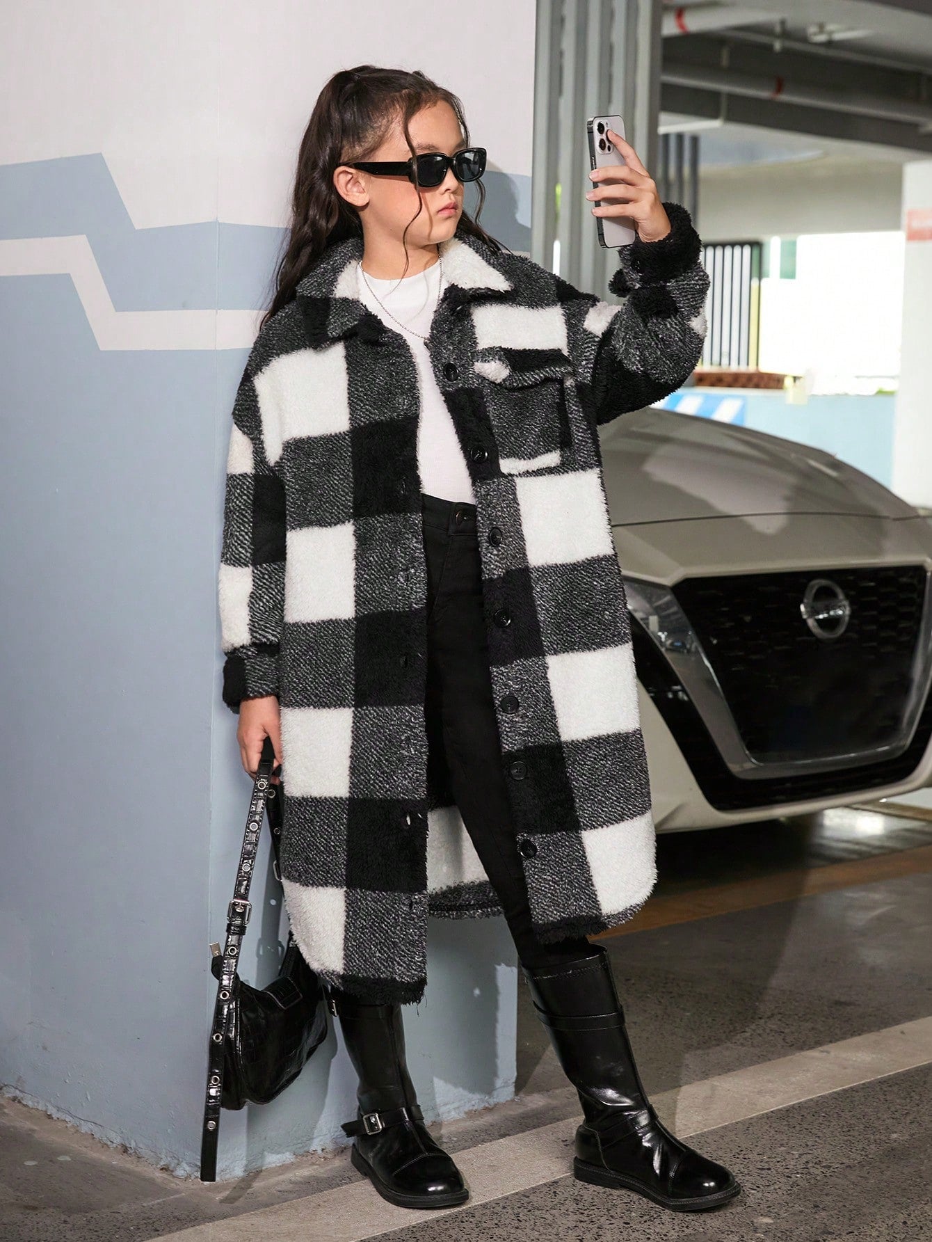 Tween Girl Double-faced Black & White Checkered Long Sleeve Lapel Casual Mid-length Coat