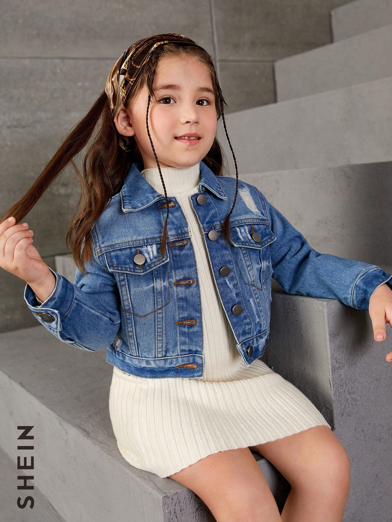 Young Girl Ripped Flap Pocket Denim Jacket