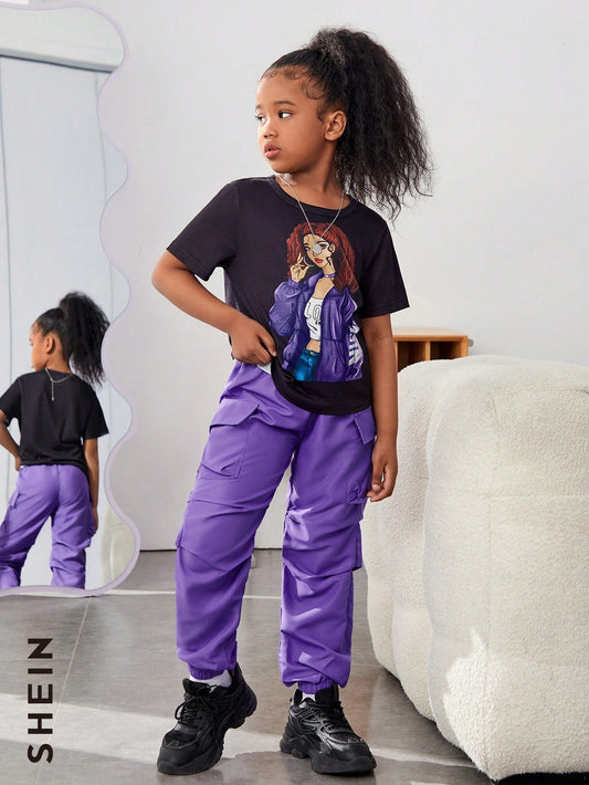 Tween Girl Figure Graphic Tee & Flap Pocket Pants