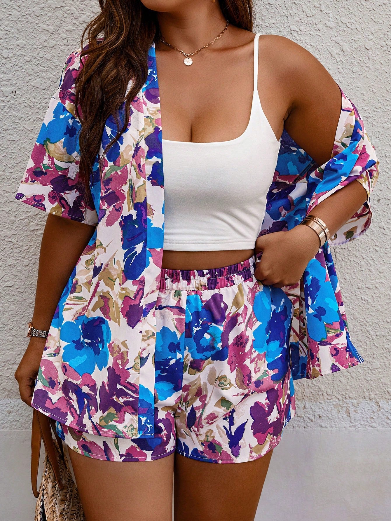 Plus Size Printed Front Open Top And Shorts Set