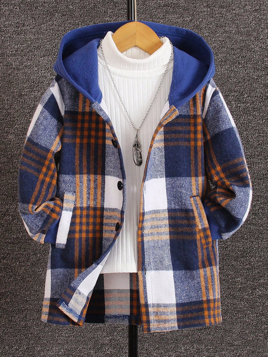 Young Boy Plaid Print Hooded Coat Without Sweater