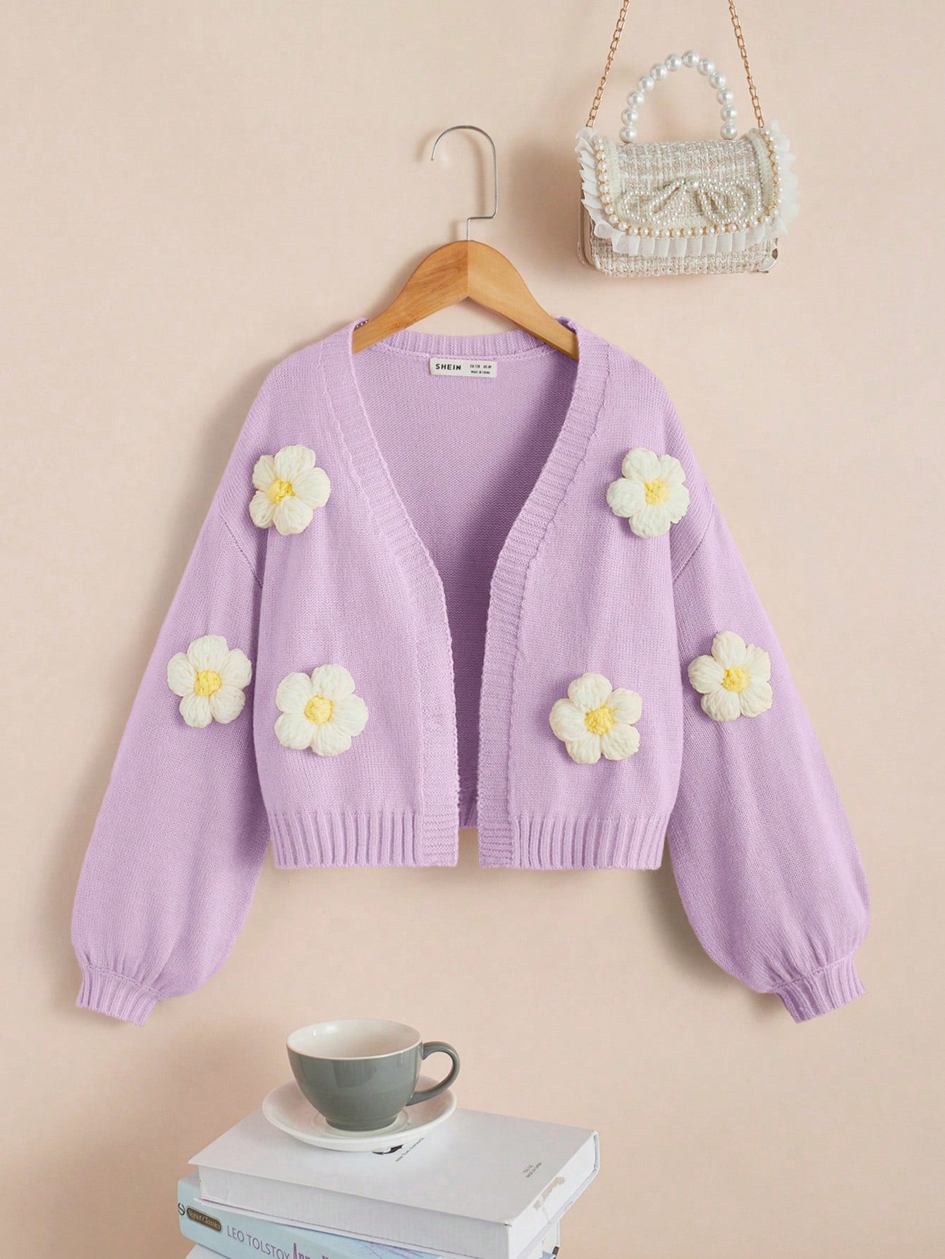 Tween Girl's 3D Flower Decorated Lantern Sleeve Cardigan