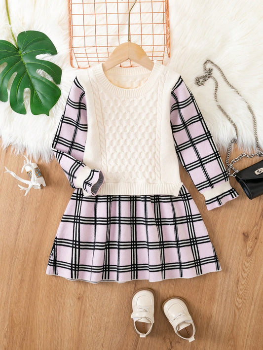 Young Girl Plaid Print Flounce Sleeve 2 In 1 Dress