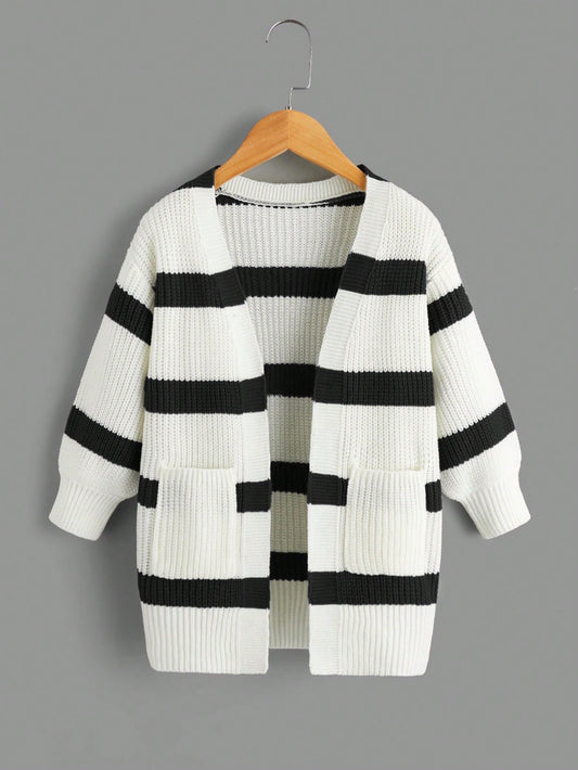 Young Girl Striped Pattern Drop Shoulder Duster Cardigan