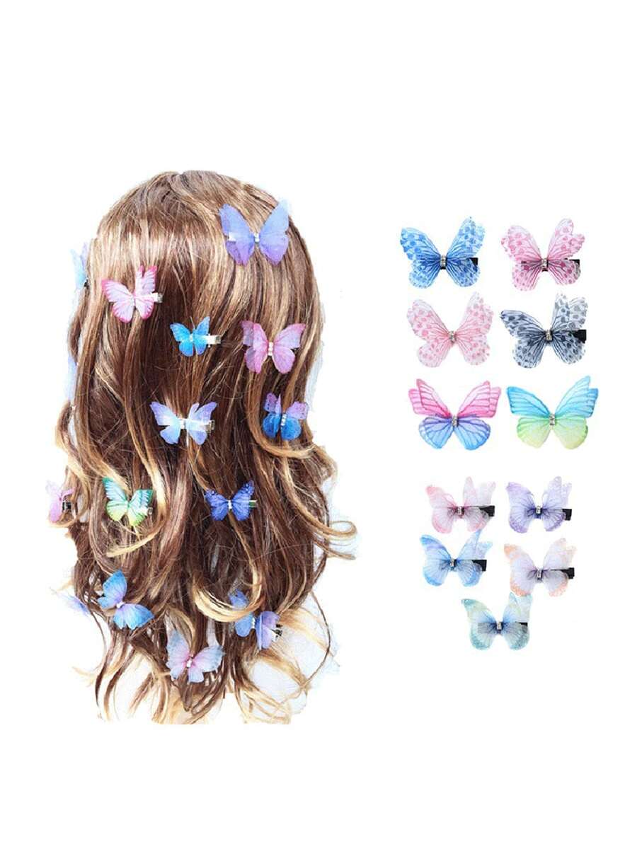 10 Children's Mixed Color Double Layered Three-Dimensional Tulle Butterfly Hair Clips, European And American Antique Jewelry, Cute Children's Hair Clips