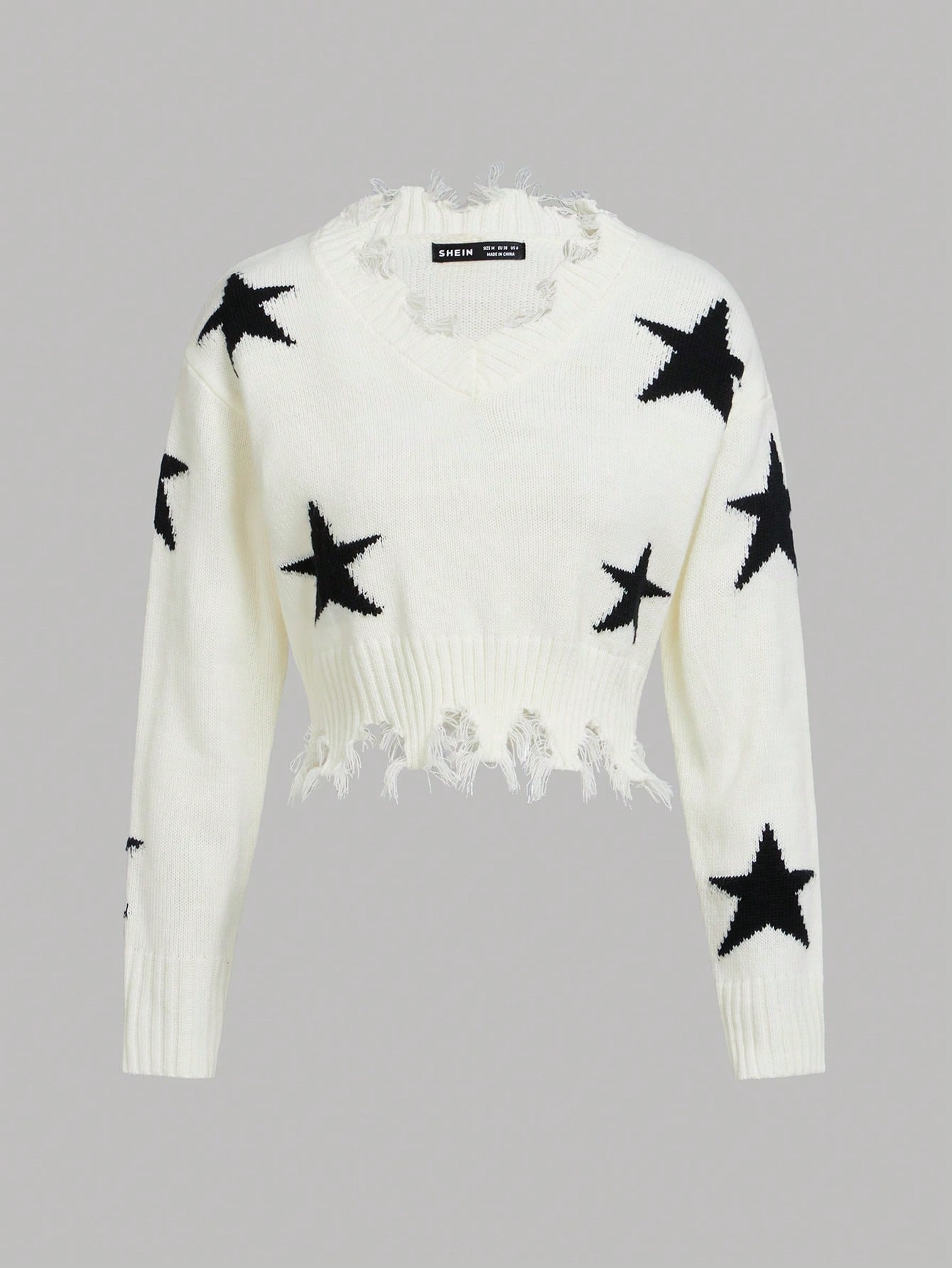 Teen Girl Star Pattern Distressed Drop Shoulder Distressed Sweater