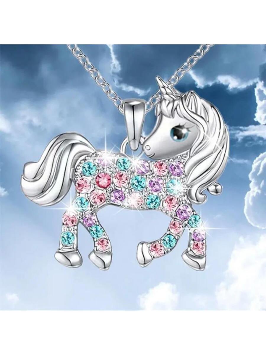 1 Children's Colorful Rhinestone Unicorn Cartoon Animal Necklace As A Gift From Parents For Their Child's Birthday Pendant Necklace