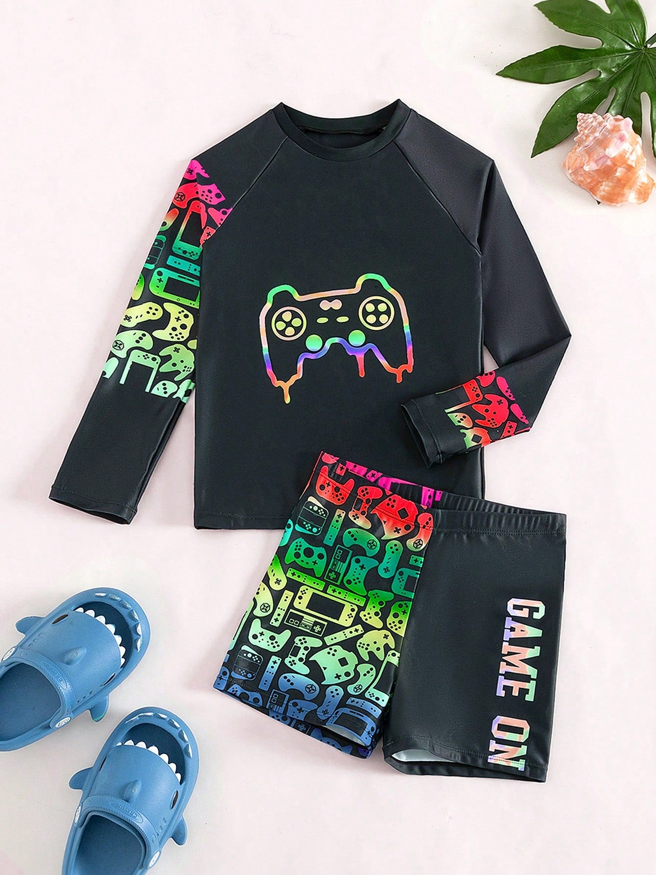 Tween Boy Gamepad & Letter Graphic Raglan Sleeve Beach Swimsuit