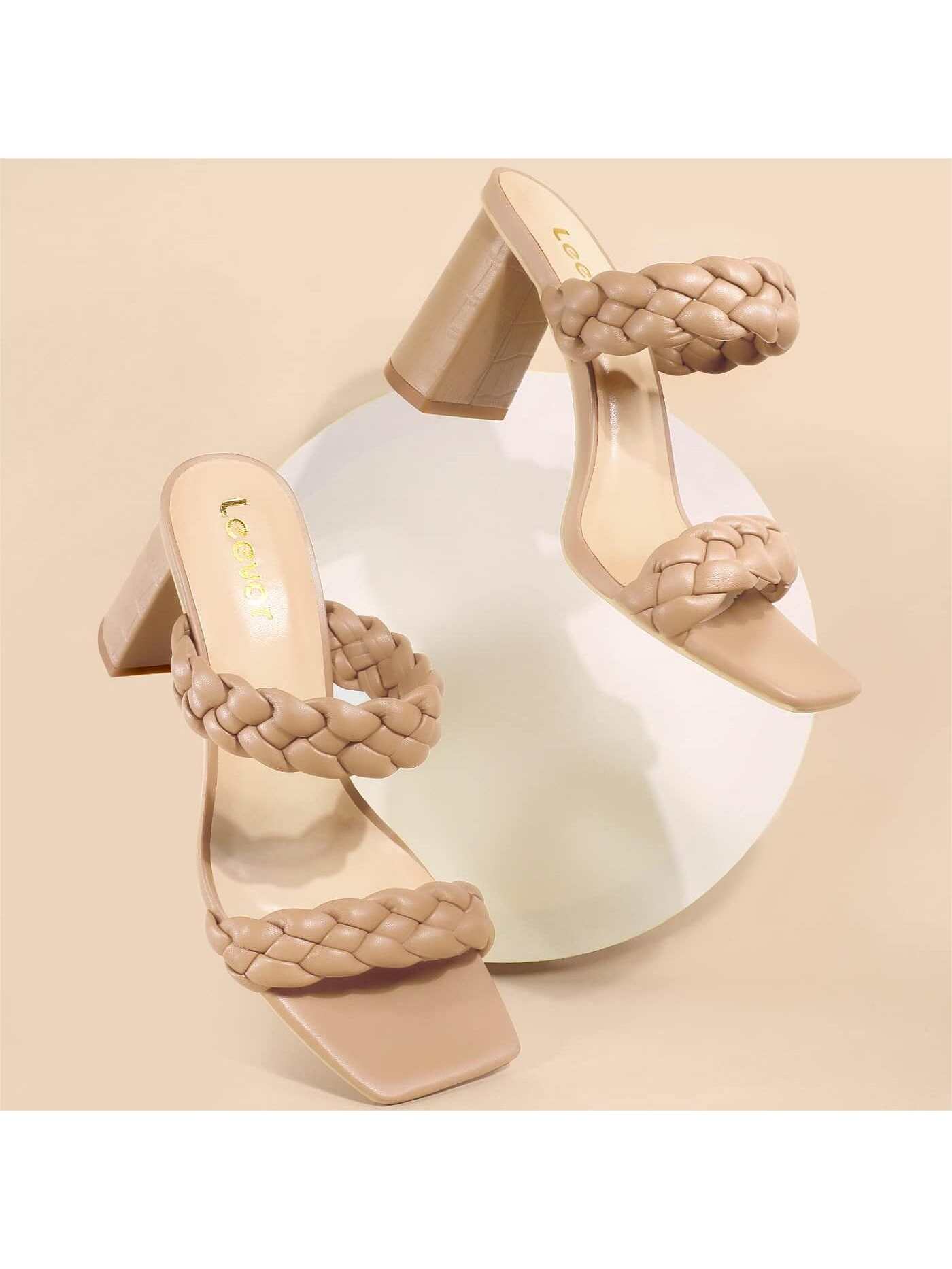 3 inches Women Sandals Stylish Square Toe Braided Heels Woven Chunky Heels