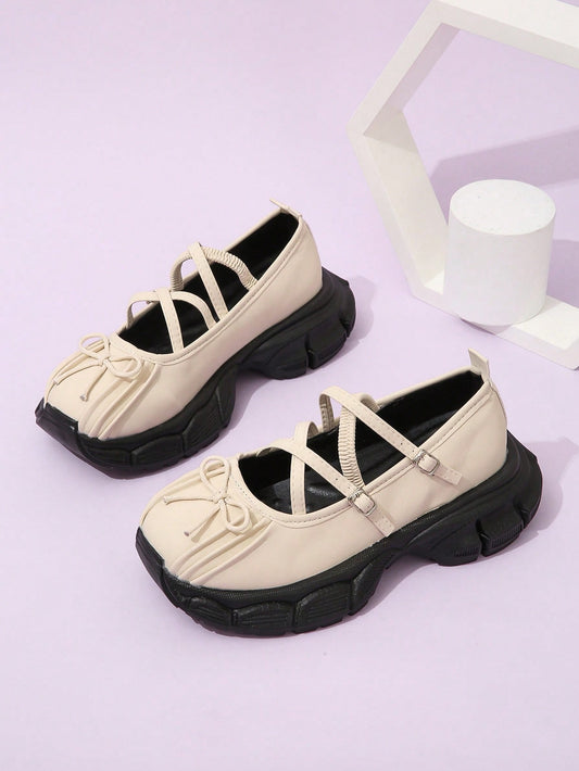 Women Bow Decor Flatform Mary Janes, Casual Outdoor Flatform Shoes