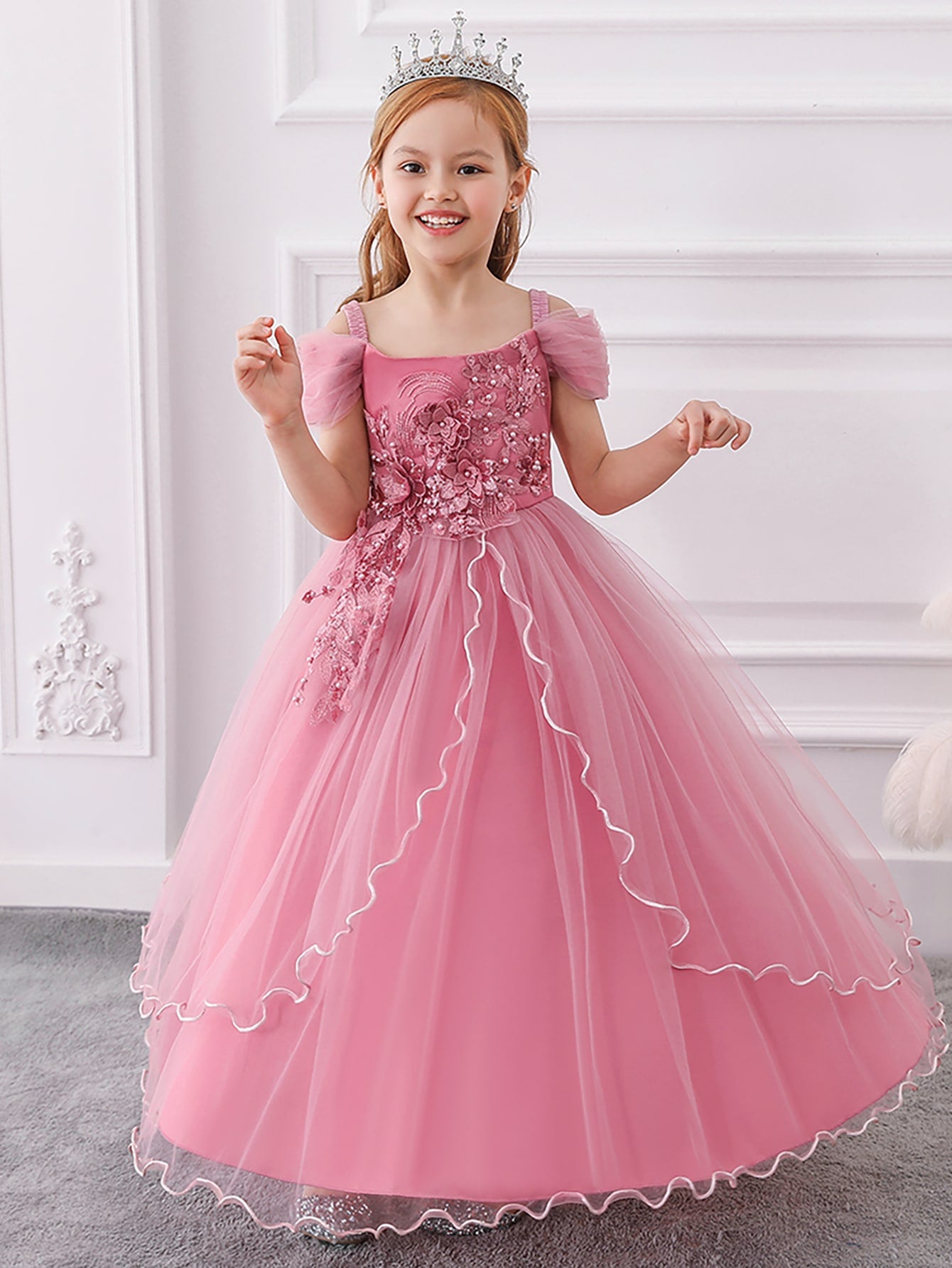 Tween Girls'  Elegant Long Solid Color Mesh & Satin Dress, Perfect For Party Host And Dinner Event (Excluding Hair Accessories)