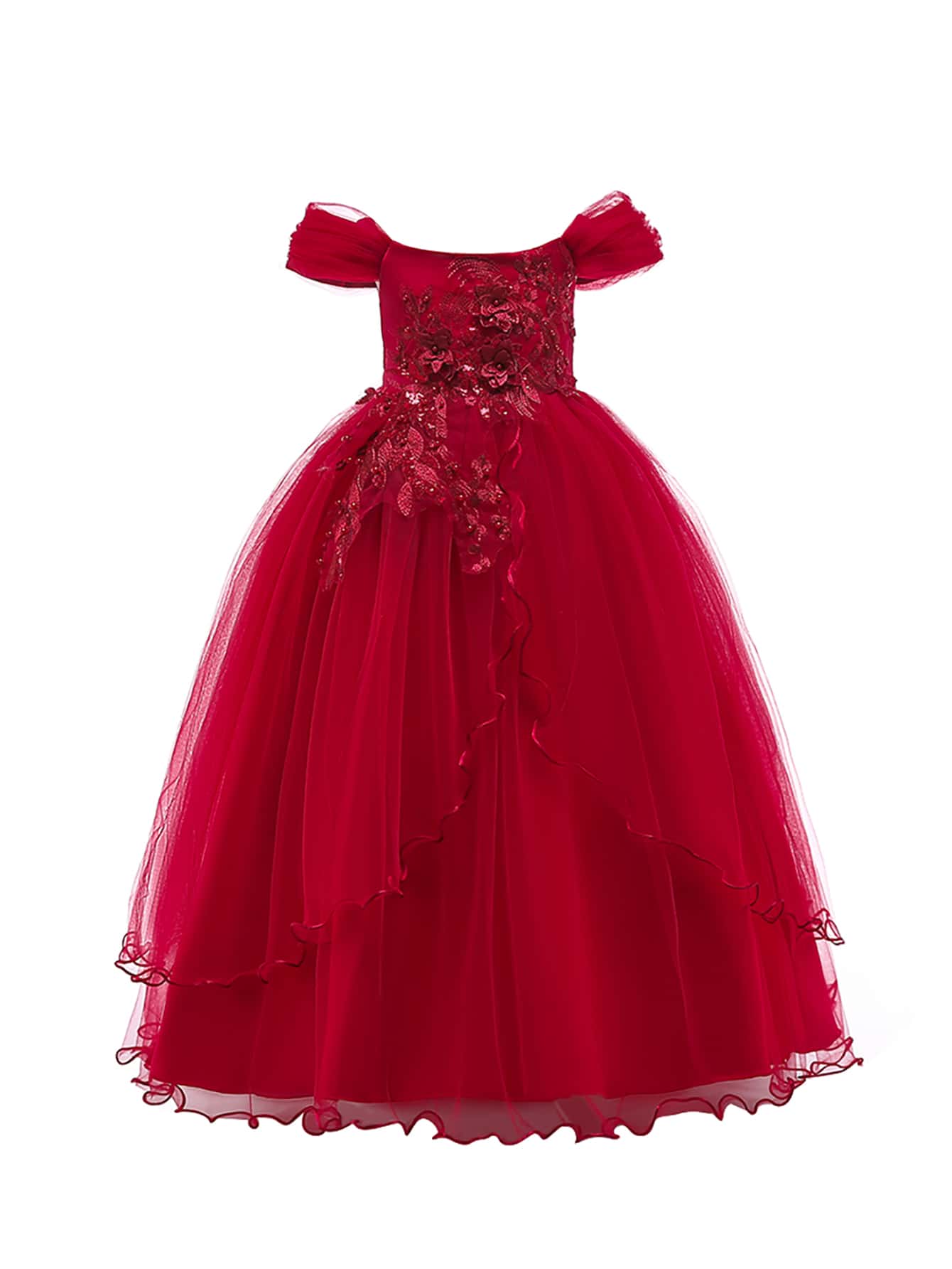 Tween Girls'  Elegant Long Solid Color Mesh & Satin Dress, Perfect For Party Host And Dinner Event (Excluding Hair Accessories)