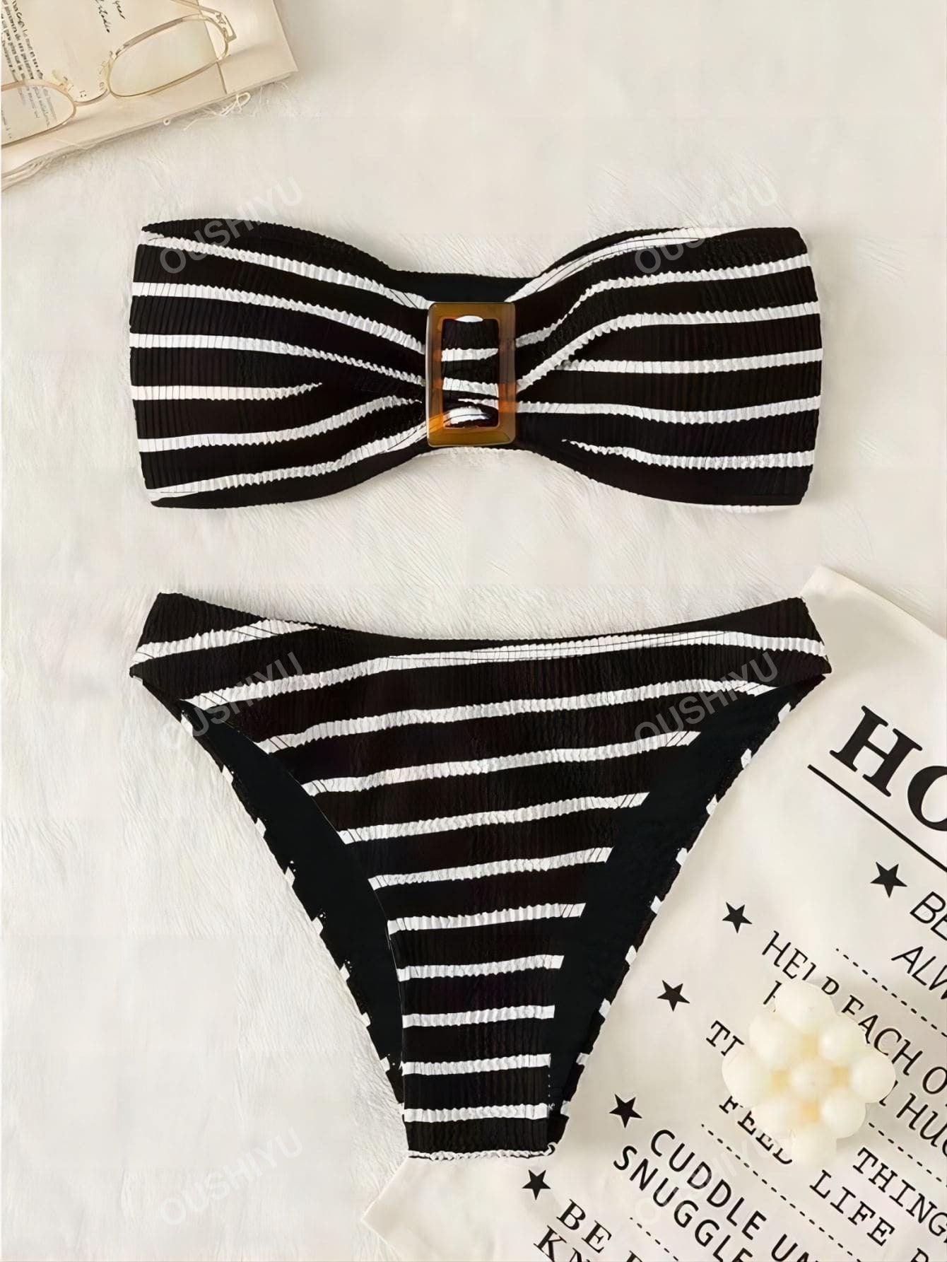 Striped Buckle Detail Bandeau Bikini Set With Special Fabric