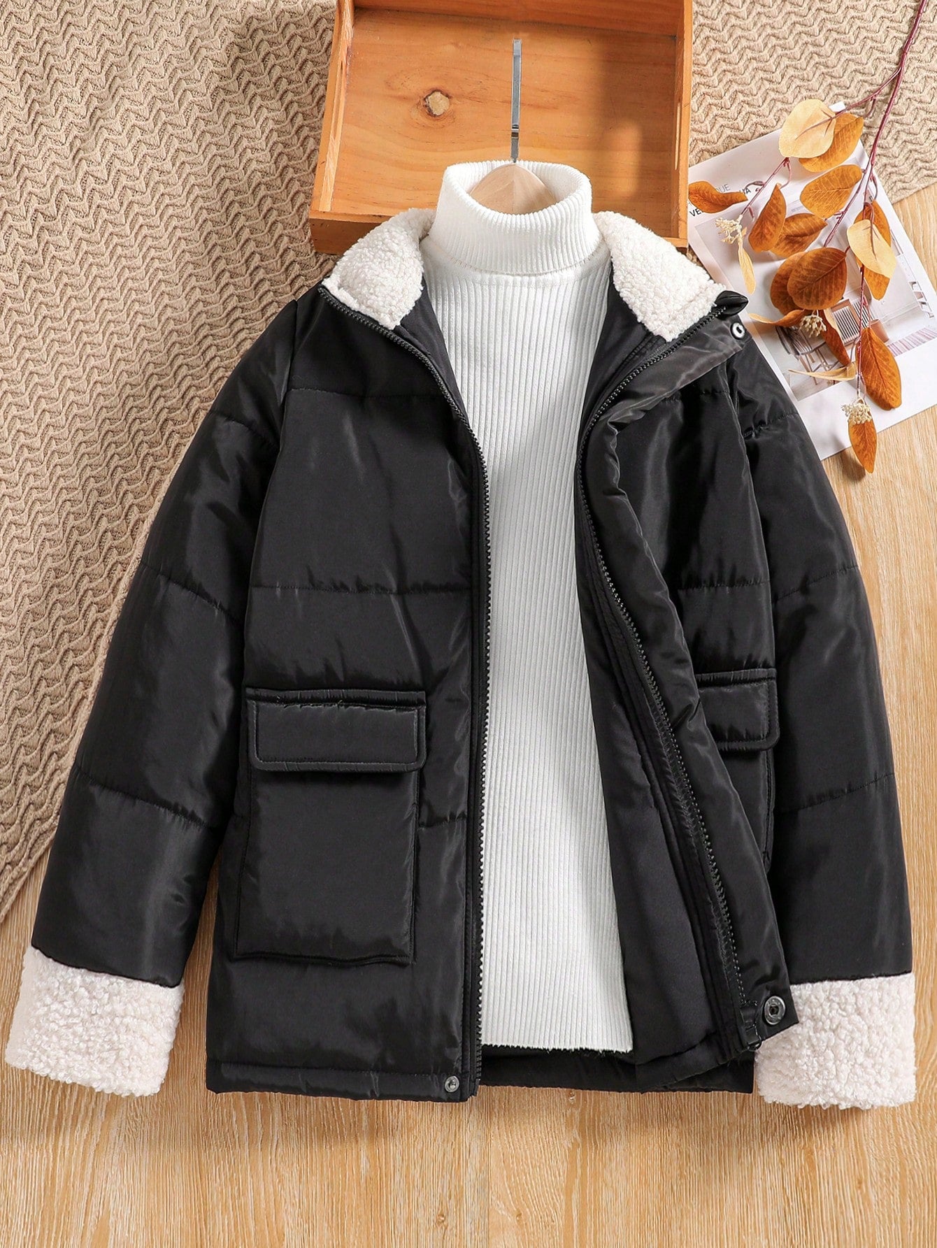 Tween Girl 1pc Borg Collar Flap Pocket Contrast Teddy Puffer Coat