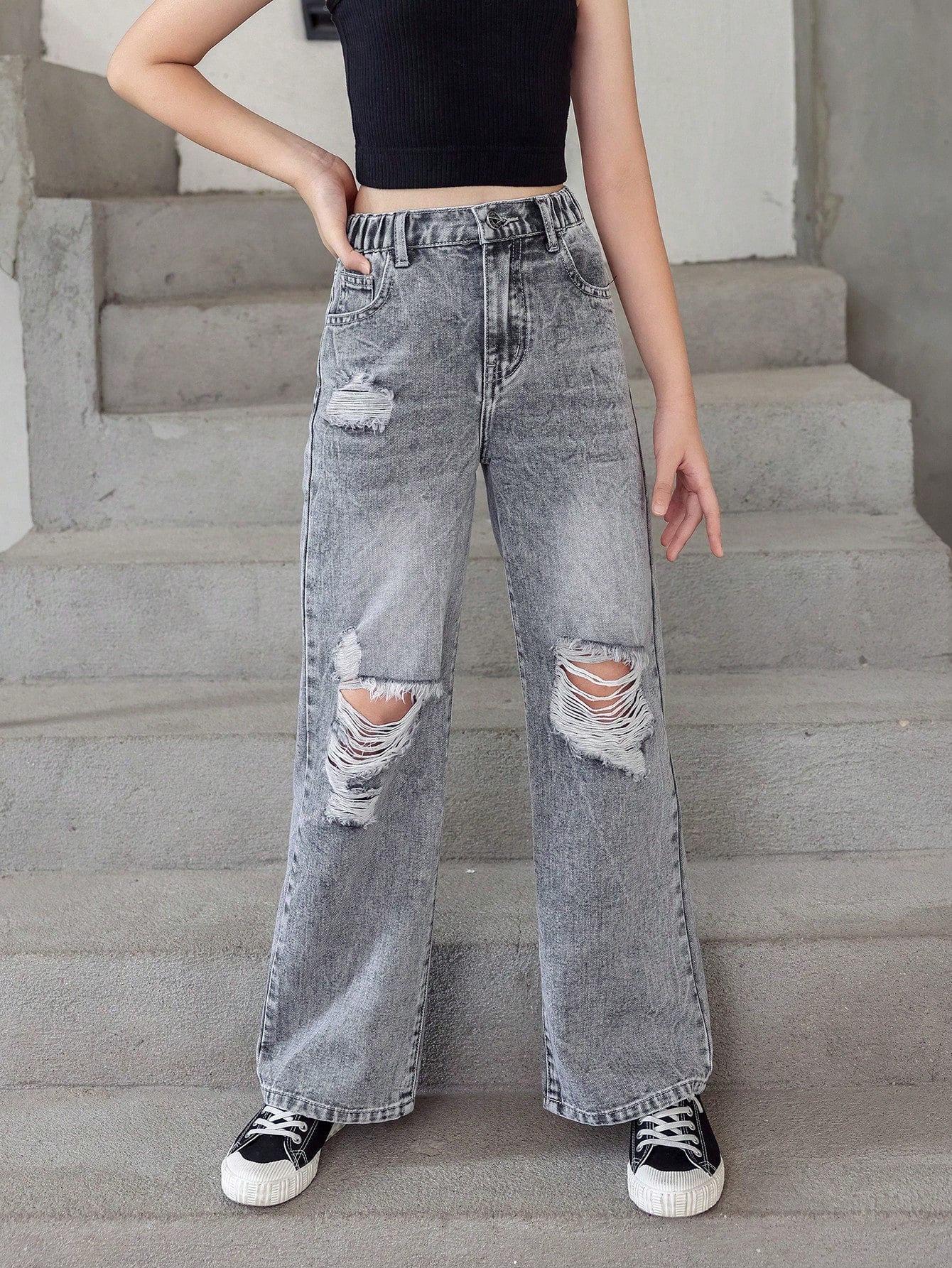 New Arrival Simple Style Distressed Straight Leg Jeans For Tween Girls