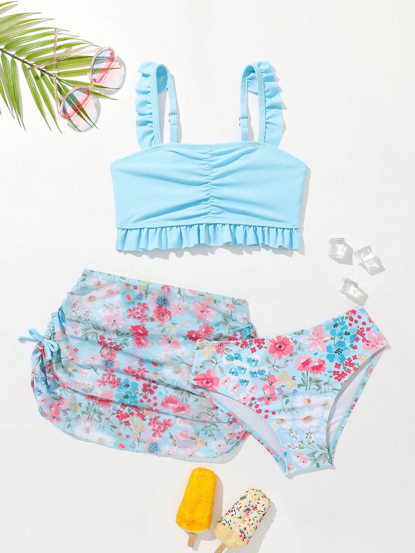 Young Girl Floral Print Ruffle Hem Bikini Set With Beach Skirt Summer Beach