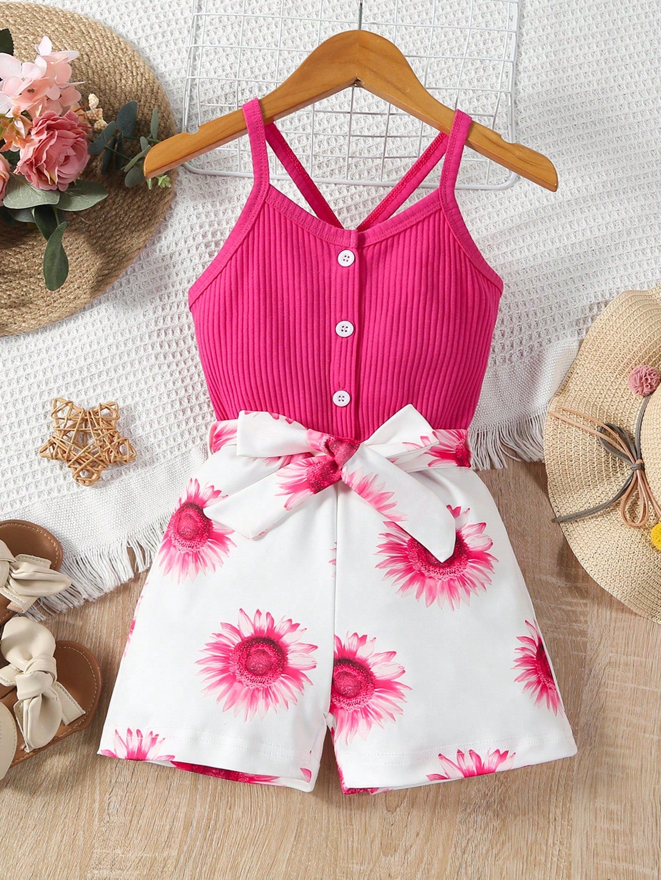 Young Girl Floral Print Criss Cross Belted Cami Romper